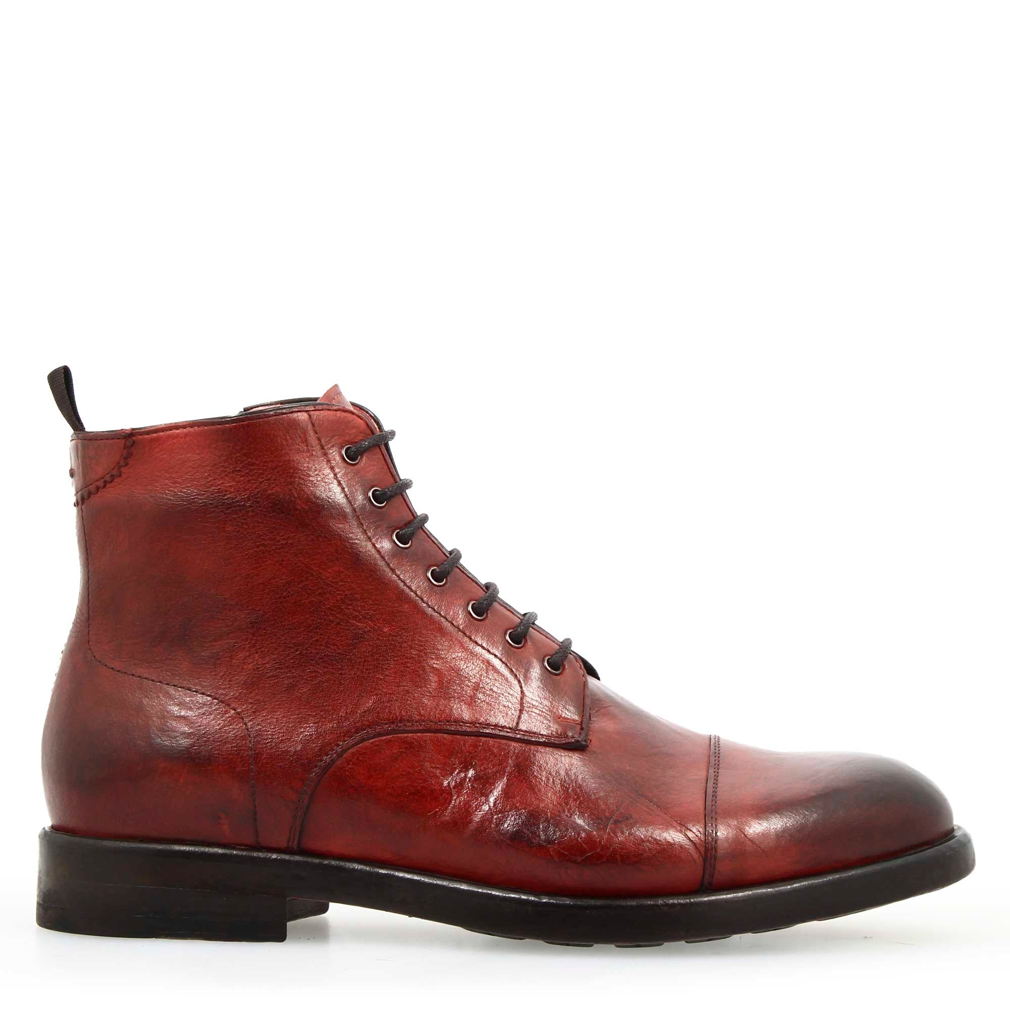 Men's cap toe ankle boot in fine burgundy leather