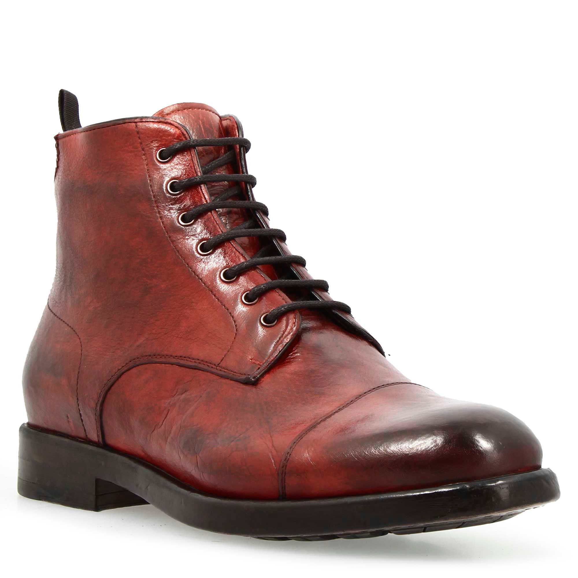 Men's cap toe ankle boot in fine burgundy leather