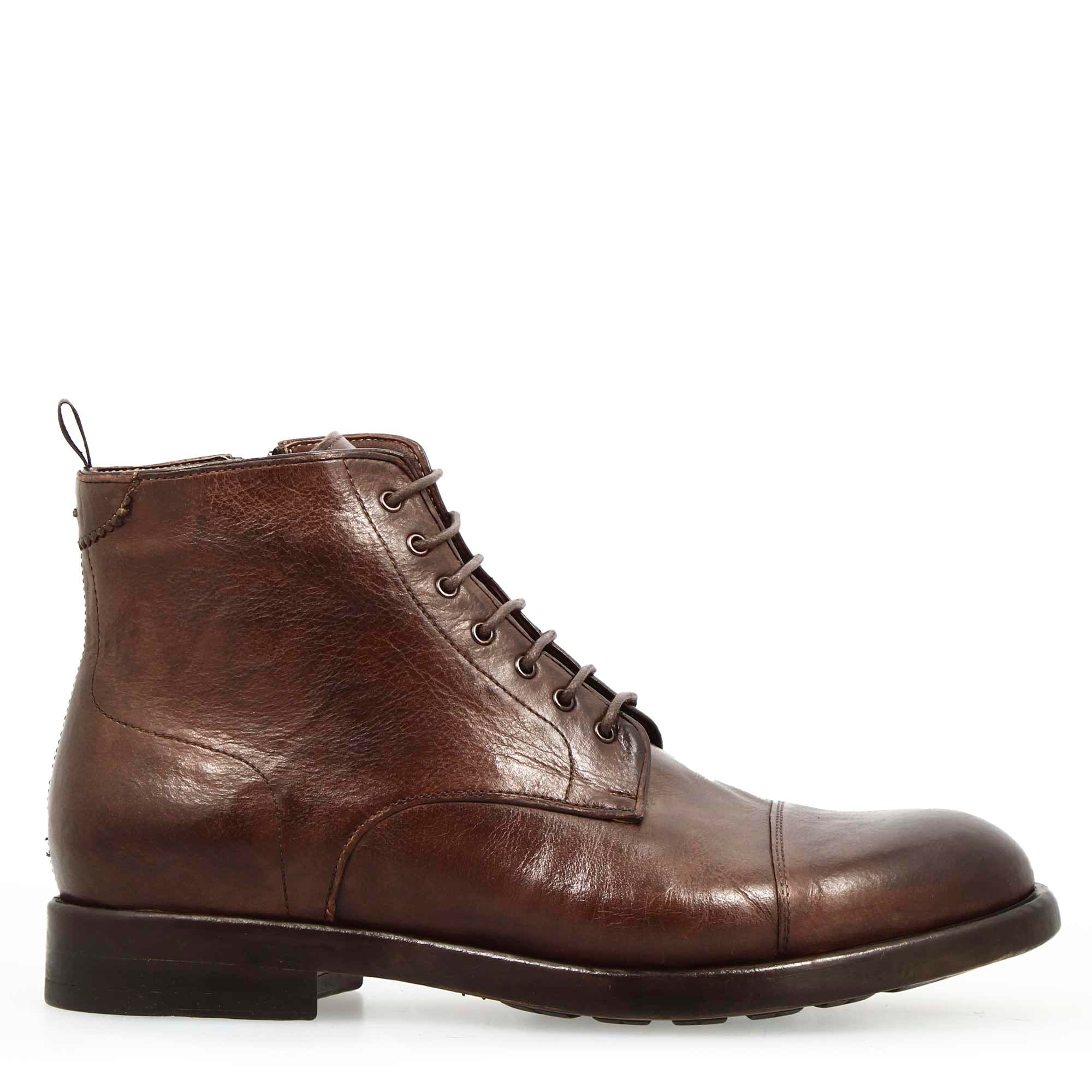 Men's dark brown premium leather cap toe ankle boot
