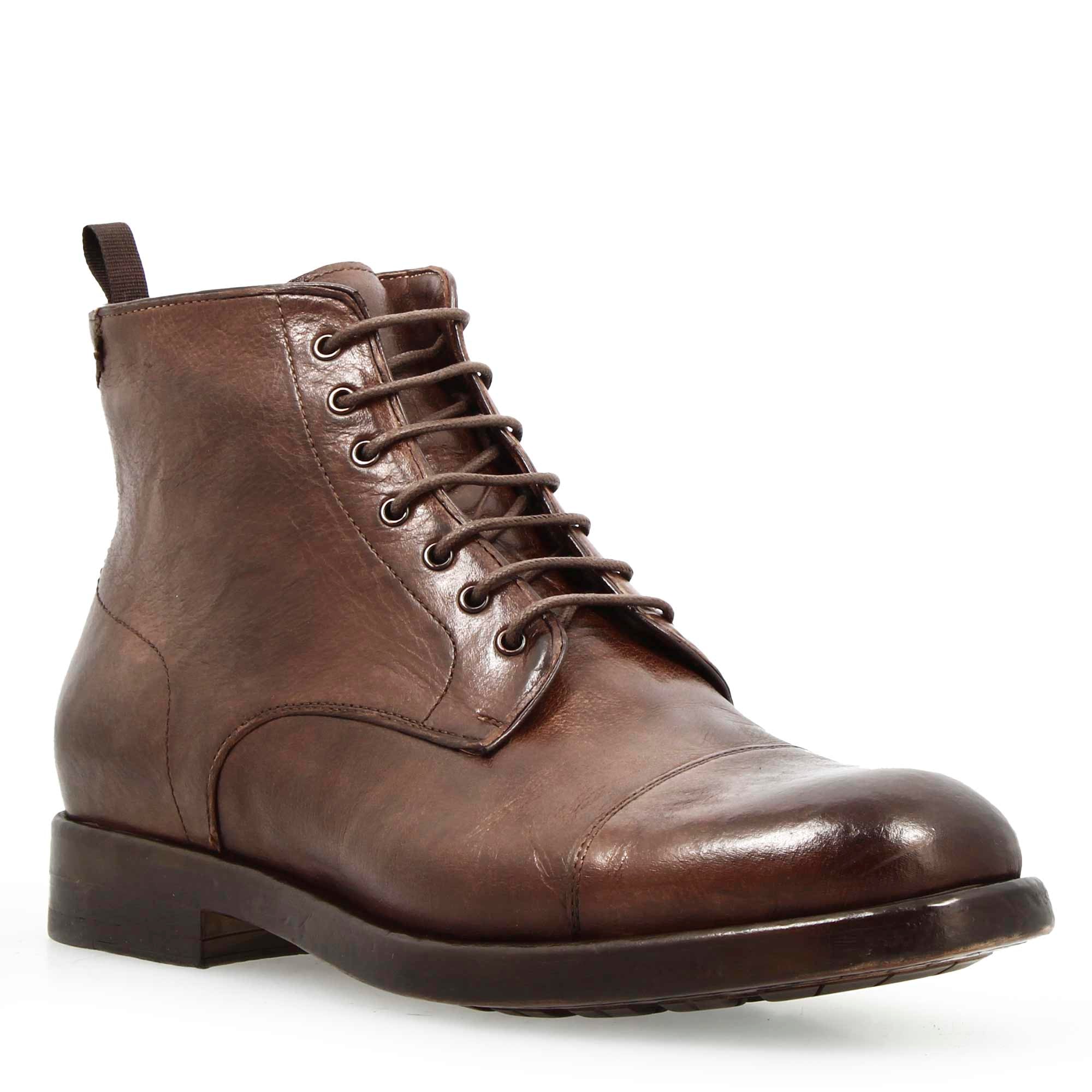 Men's dark brown premium leather cap toe ankle boot