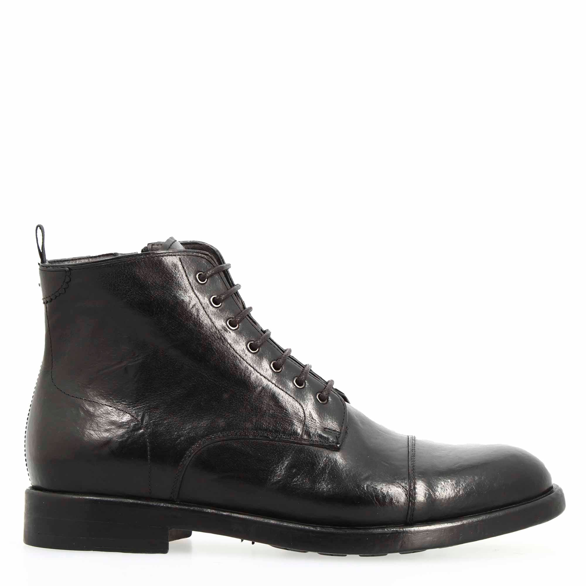 Men's black premium leather cap toe ankle boot