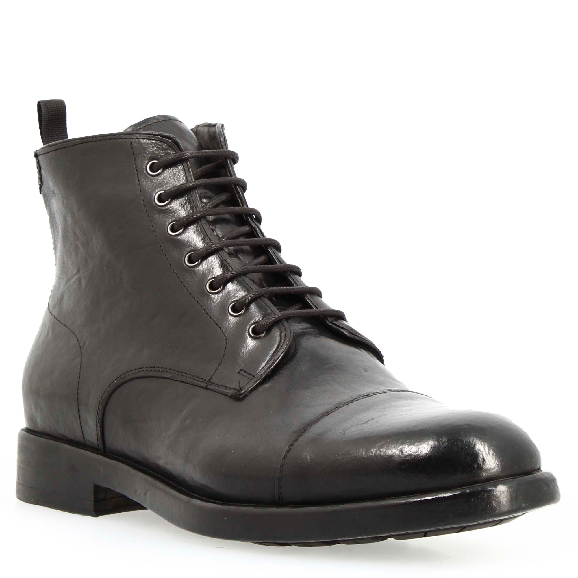 Men's black premium leather cap toe ankle boot