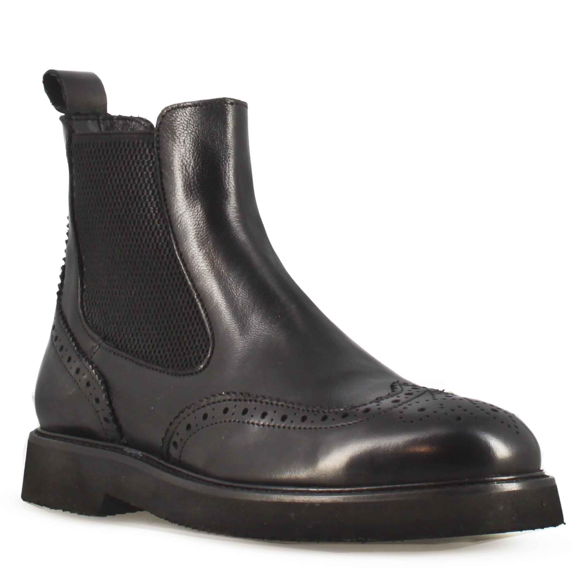 Stivaletto Chelsea brogue da donna in vera pelle colore nero