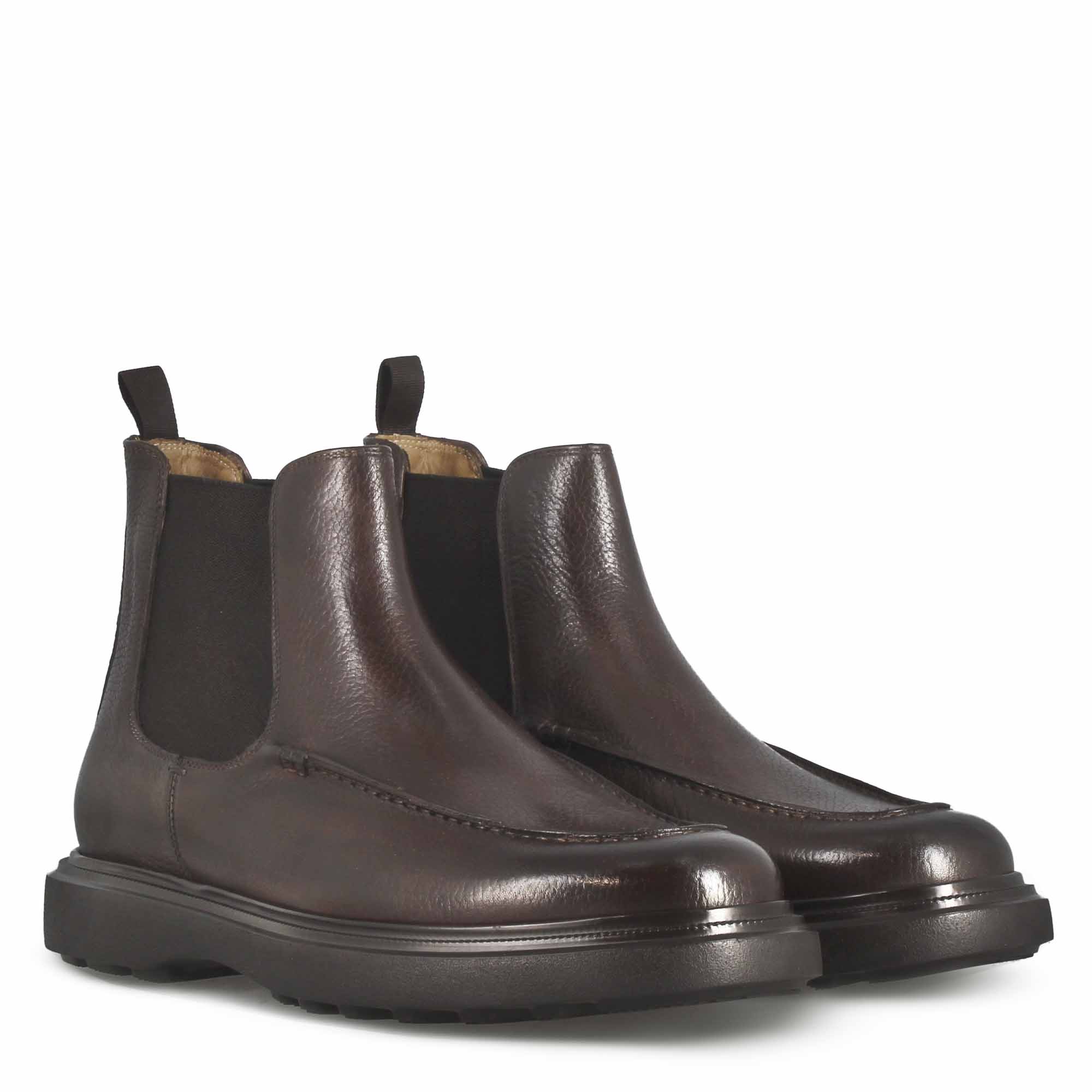 Men's Chelsea Boot in Dark Brown Hammered Leather and Rubber Sole