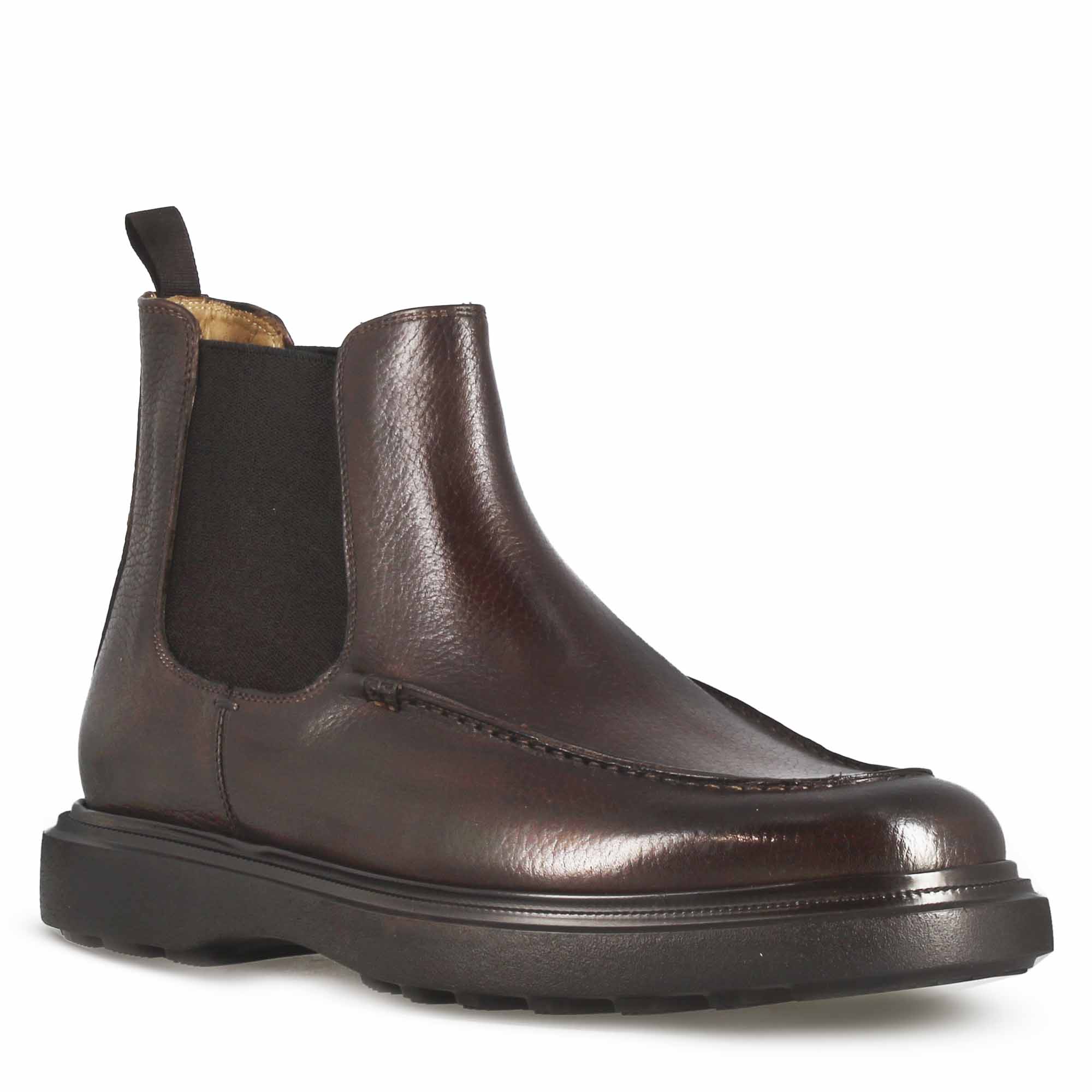 Men's Chelsea Boot in Dark Brown Hammered Leather and Rubber Sole