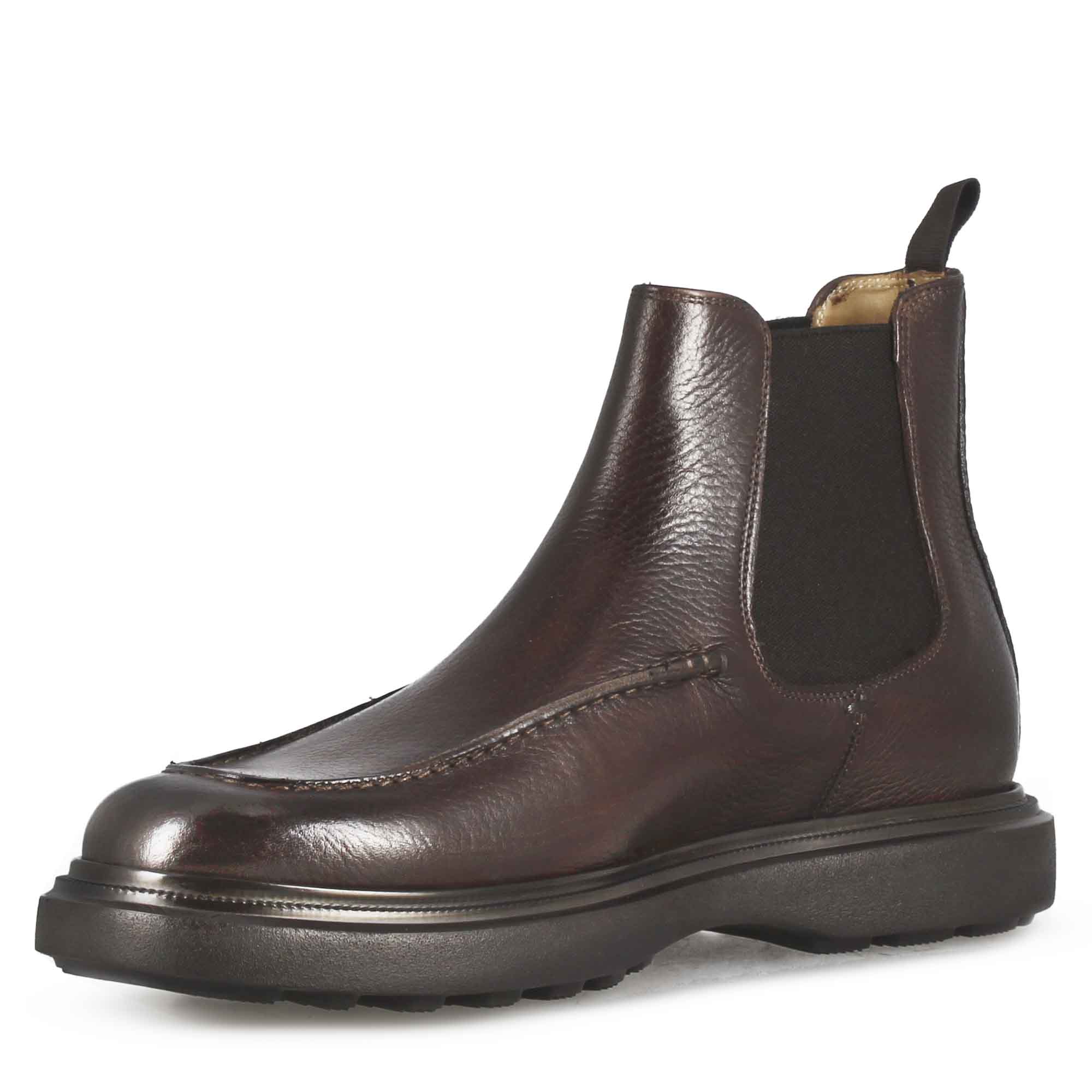 Men's Chelsea Boot in Dark Brown Hammered Leather and Rubber Sole