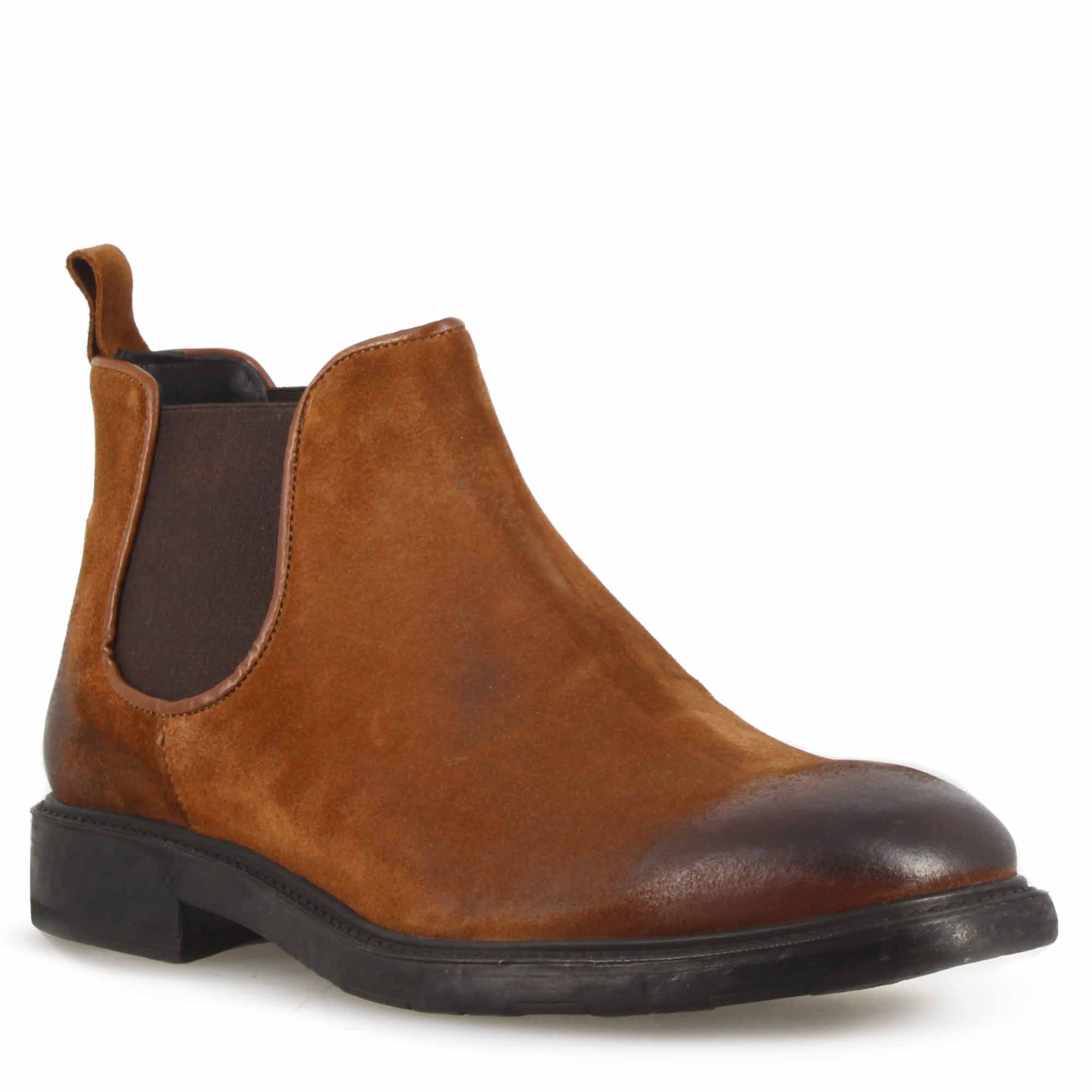 Men's Chelsea Boot in Genuine Brown Suede with Vintage Effect