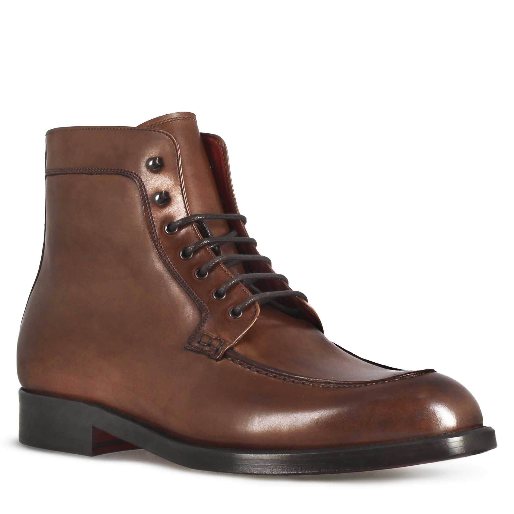 Stivaletto con allacciatura alla caviglia da uomo in pelle liscia colore marrone
