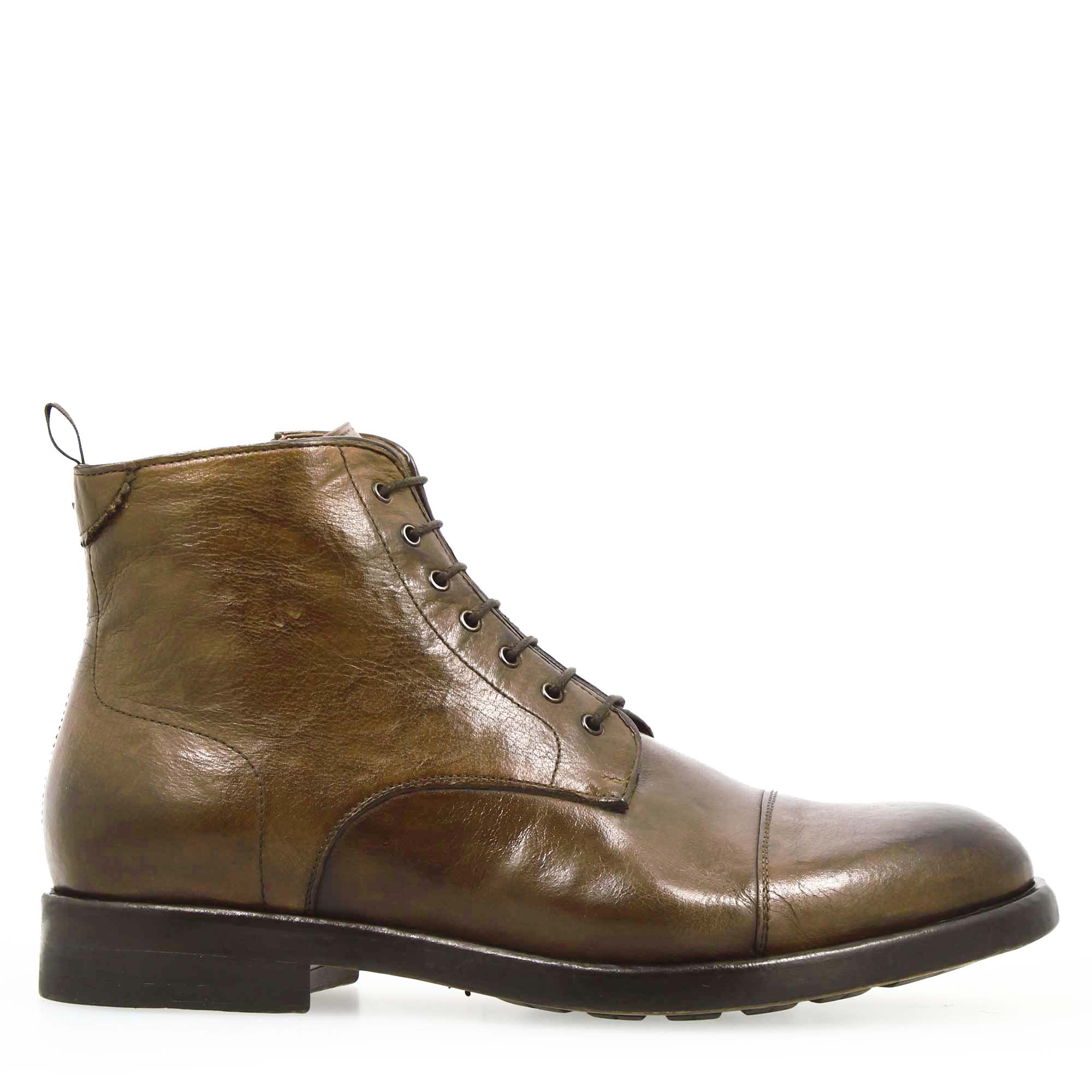Men's brown premium leather cap toe ankle boot