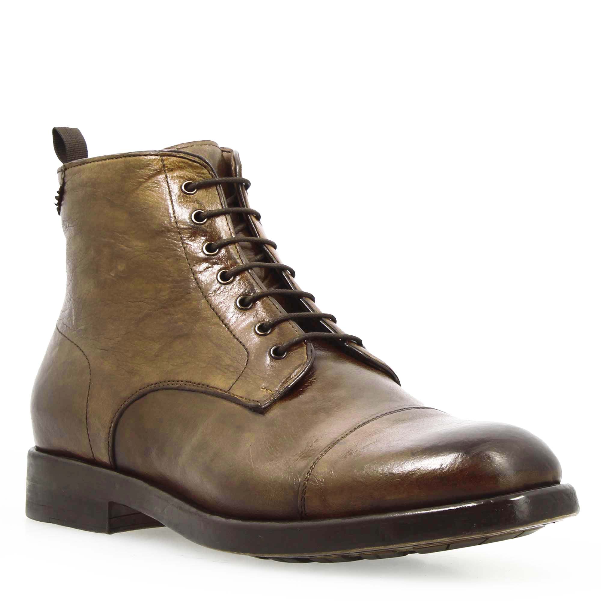 Men's brown premium leather cap toe ankle boot