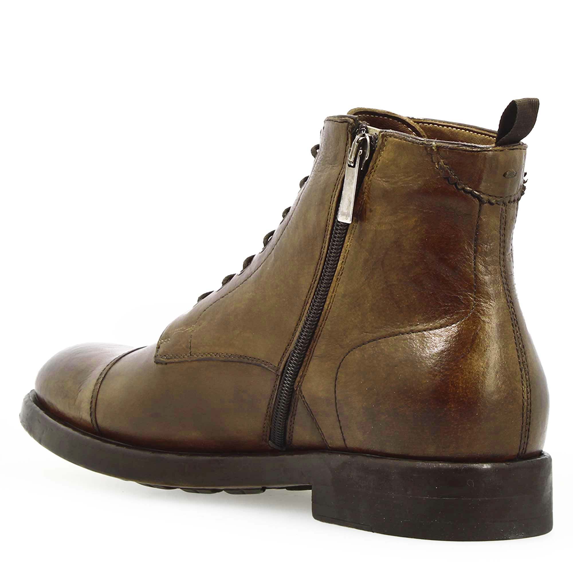 Men's brown premium leather cap toe ankle boot