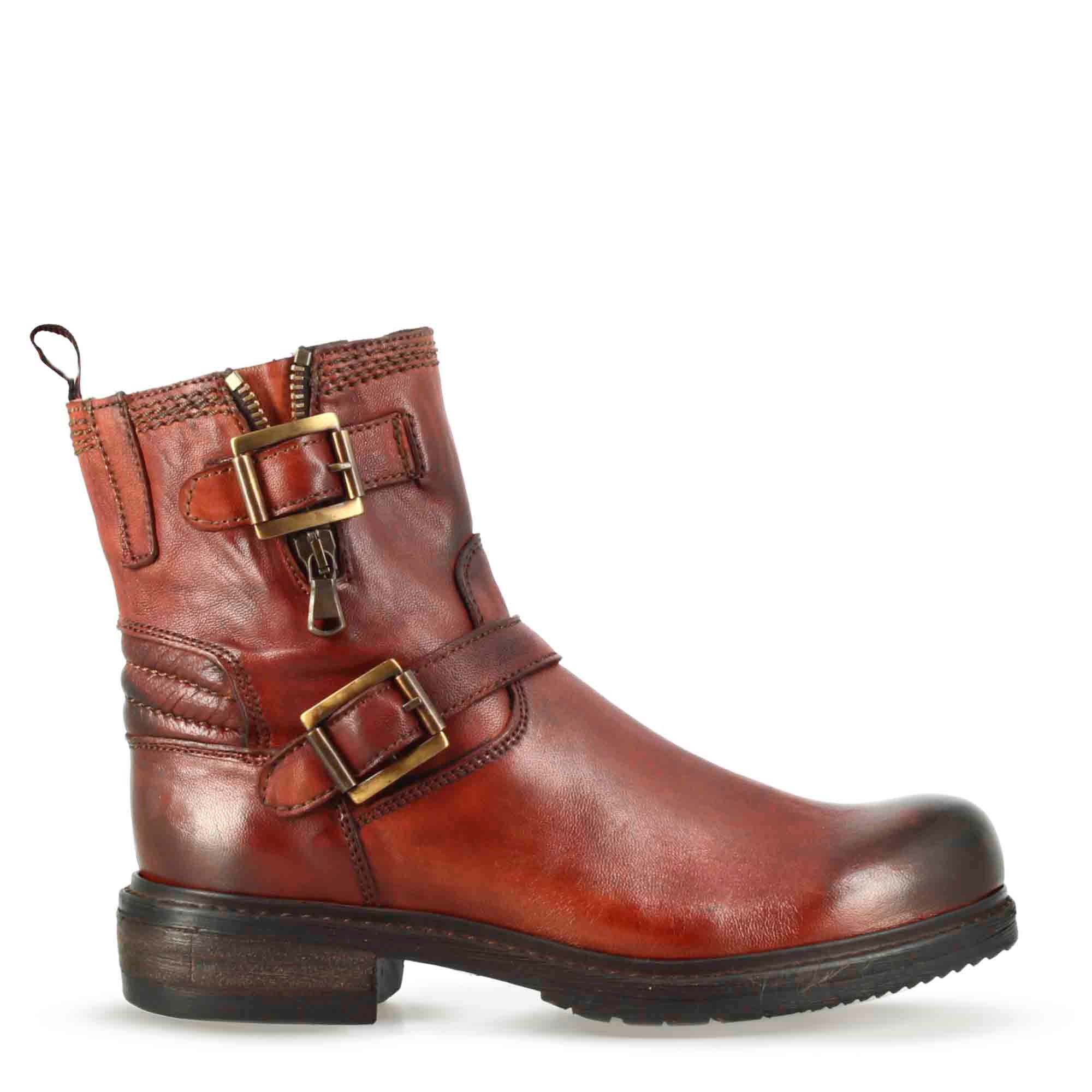 Damenstiefelette mit doppelter Schnalle aus echtem roten Leder
