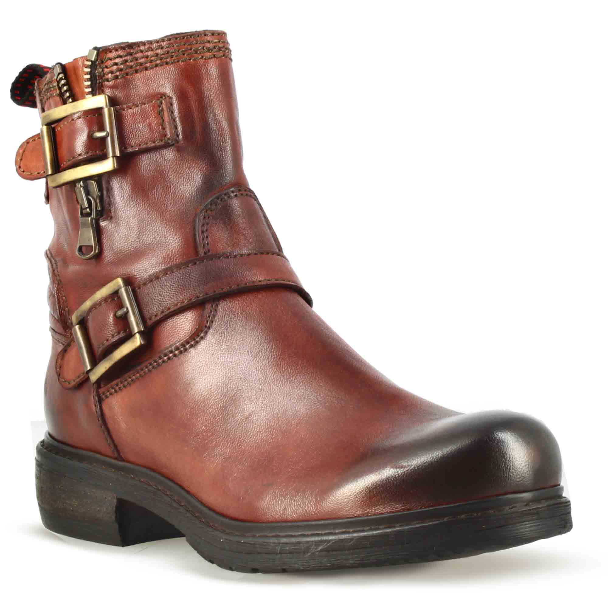Damenstiefelette mit doppelter Schnalle aus echtem roten Leder