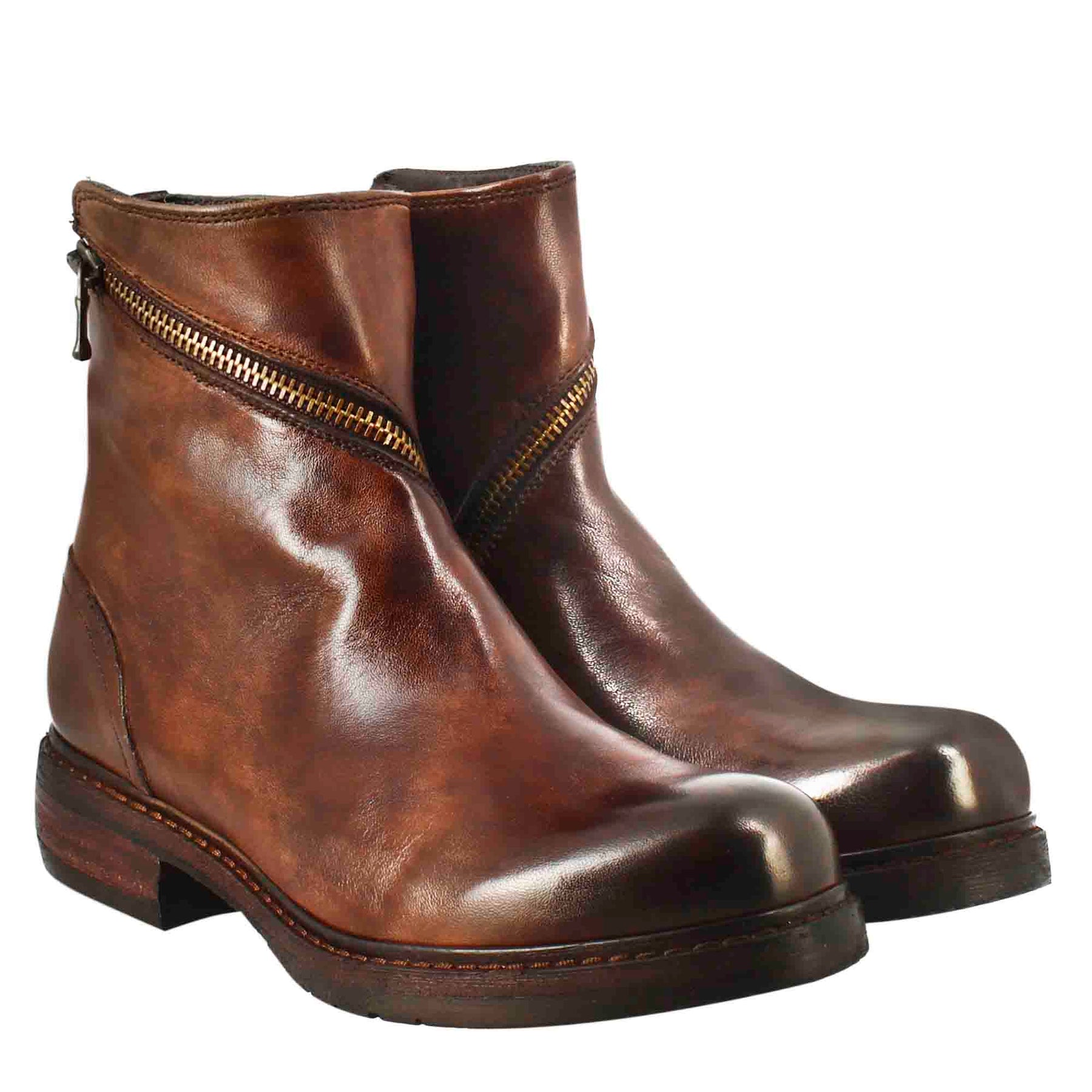 Paupa women's ankle boot in brown washed leather with double zip
