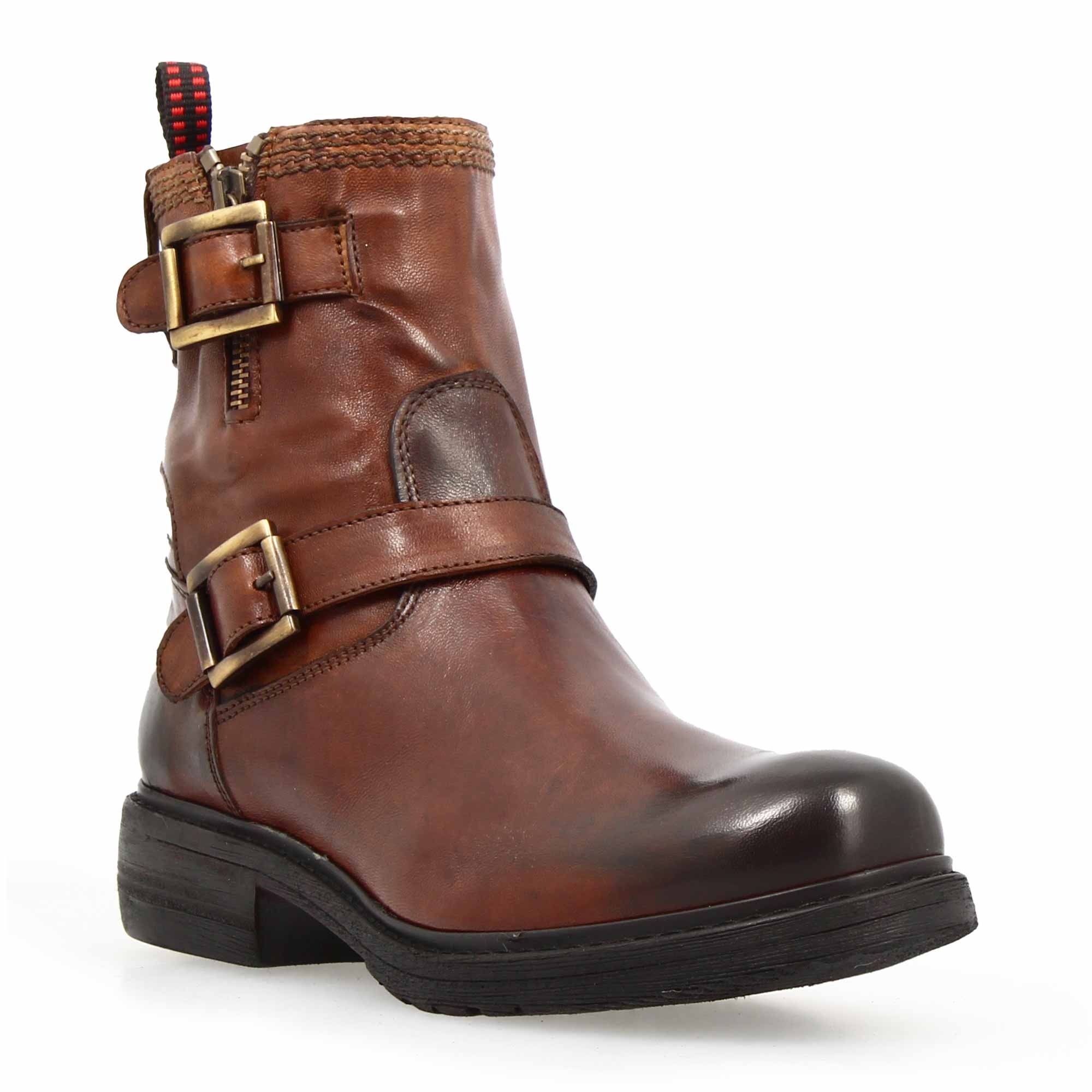Women's double buckle ankle boot in genuine brown leather