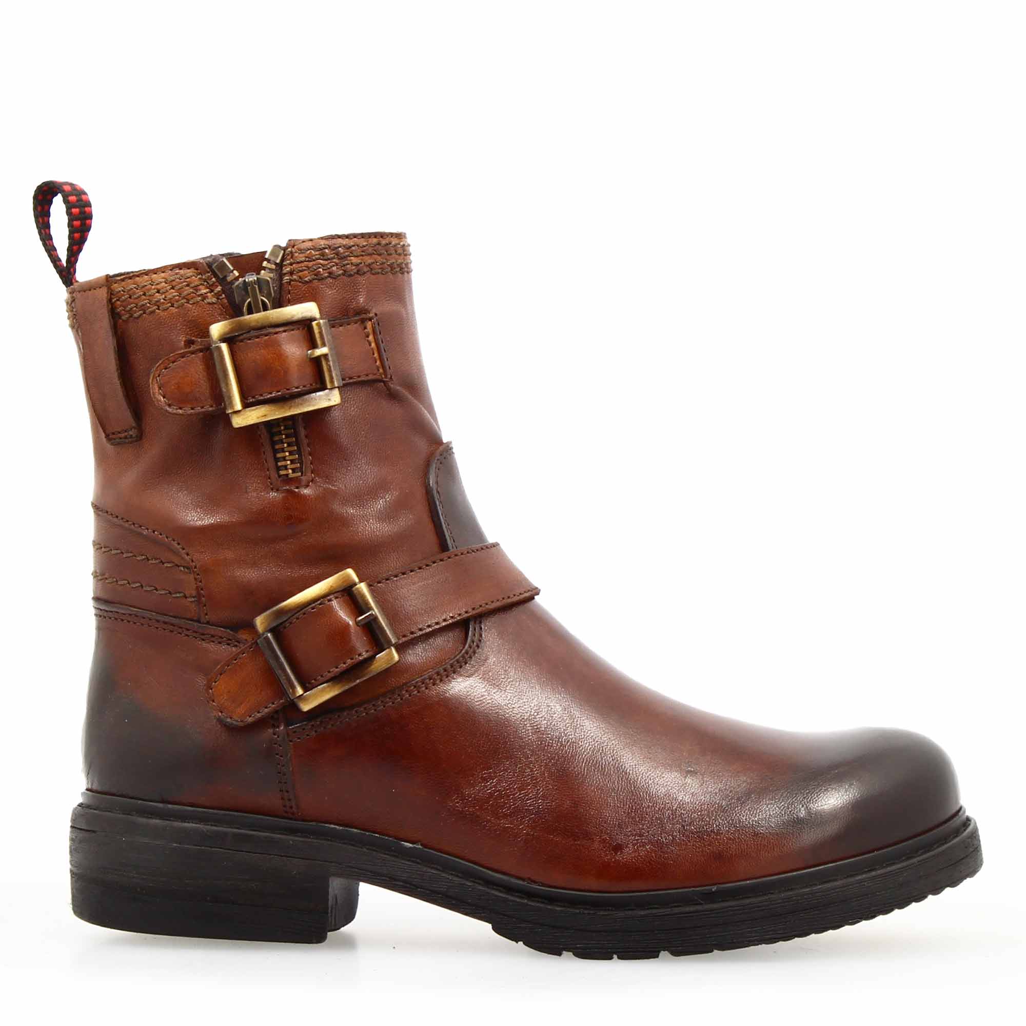 Women's double buckle ankle boot in genuine brown leather