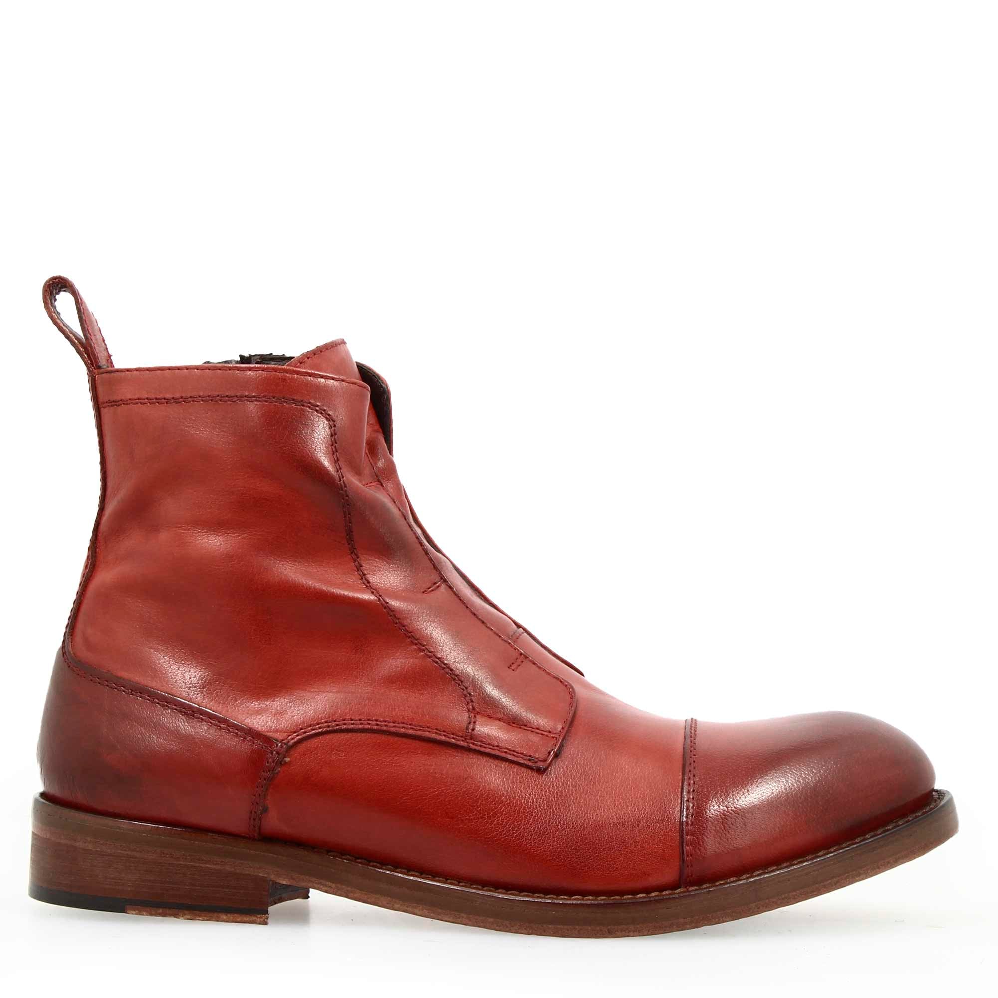 Men's handmade cap toe ankle boot in burgundy leather
