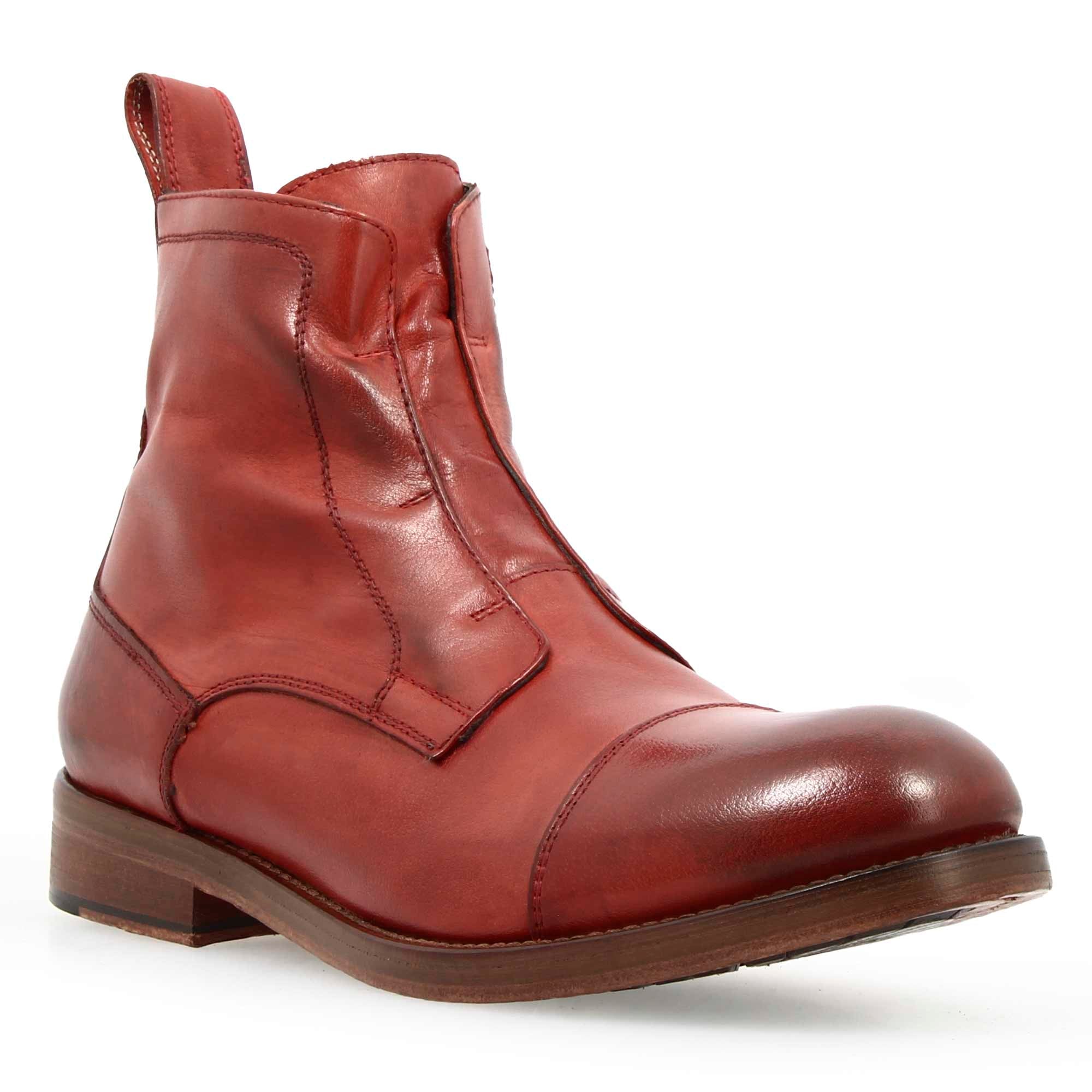 Men's handmade cap toe ankle boot in burgundy leather