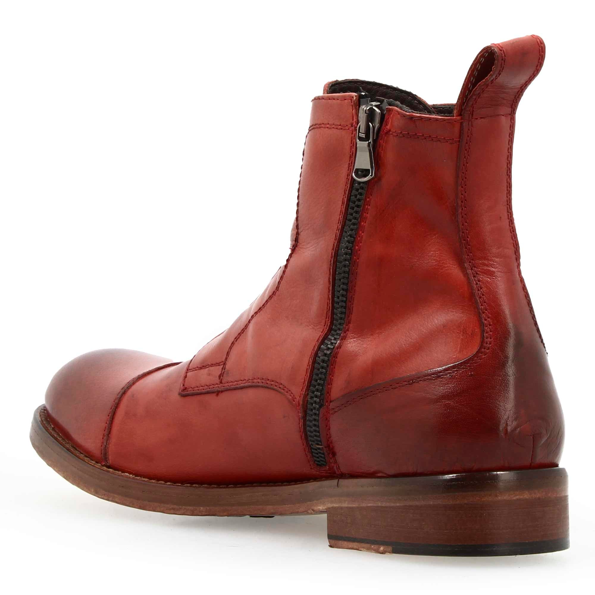 Men's handmade cap toe ankle boot in burgundy leather