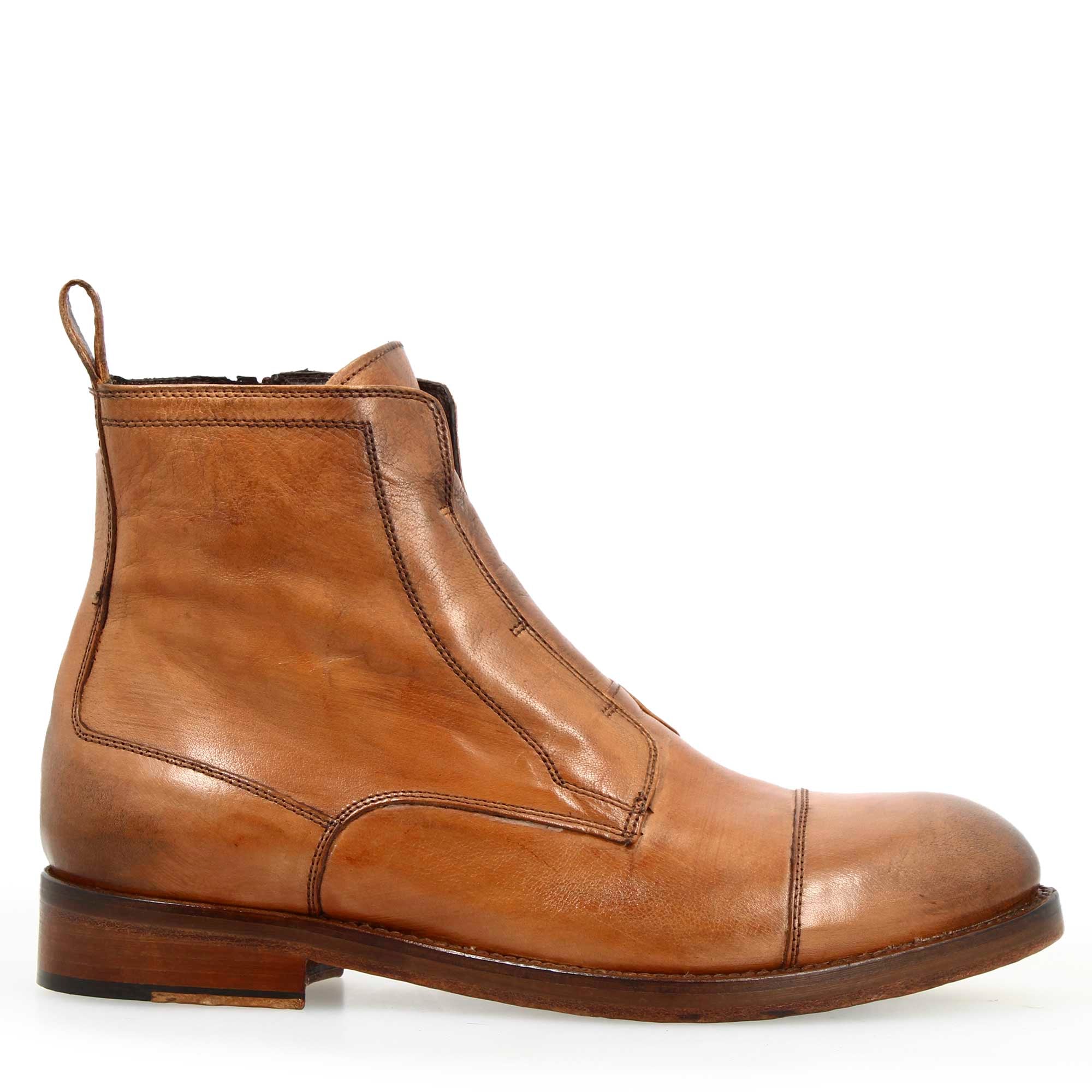 Men's handmade cap toe ankle boot in brown leather