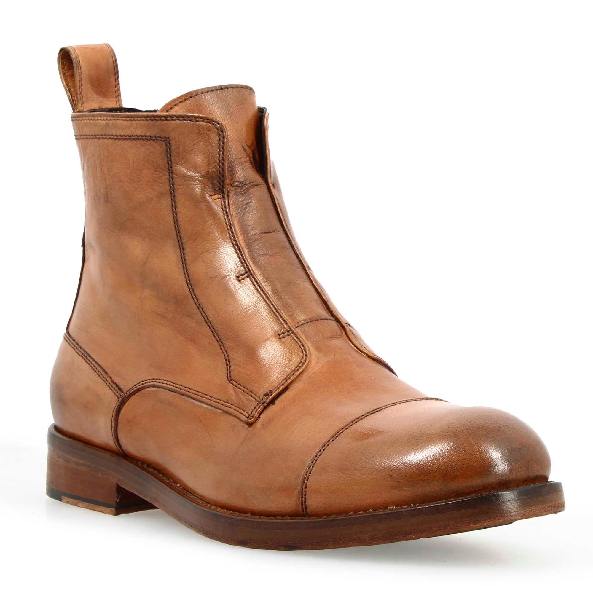 Men's handmade cap toe ankle boot in brown leather