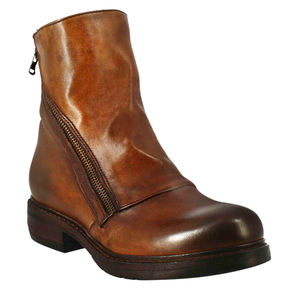 Paupa women's ankle boot in dark tan colored washed leather with diagonal zip