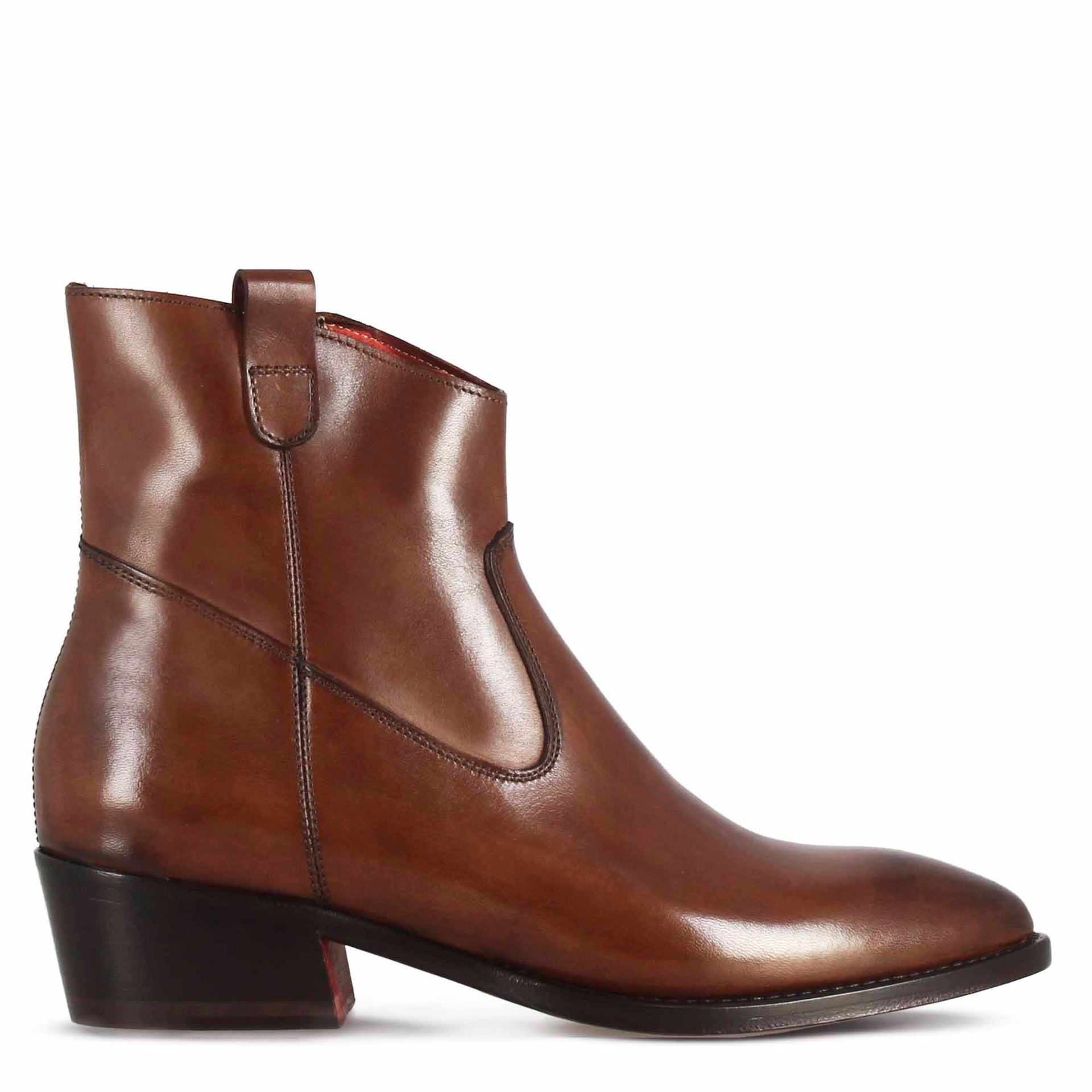 Women's Brown Leather Texan Style Over The Ankle Boot Marron 35