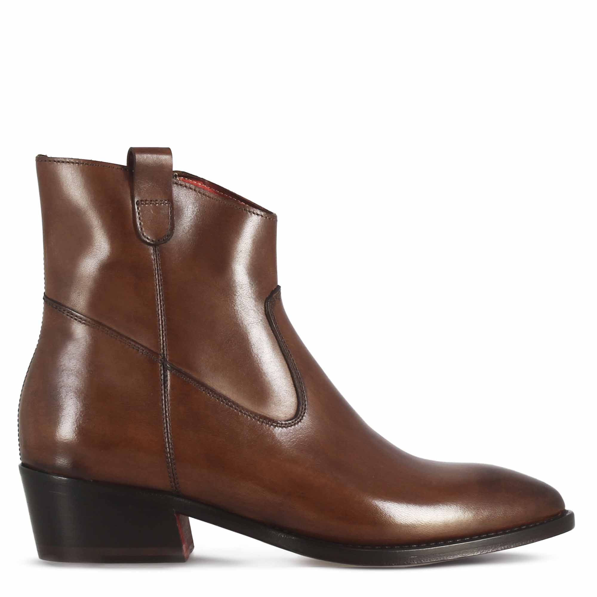 Stivaletto sopra alla caviglia stile texano da donna in pelle colore marrone
