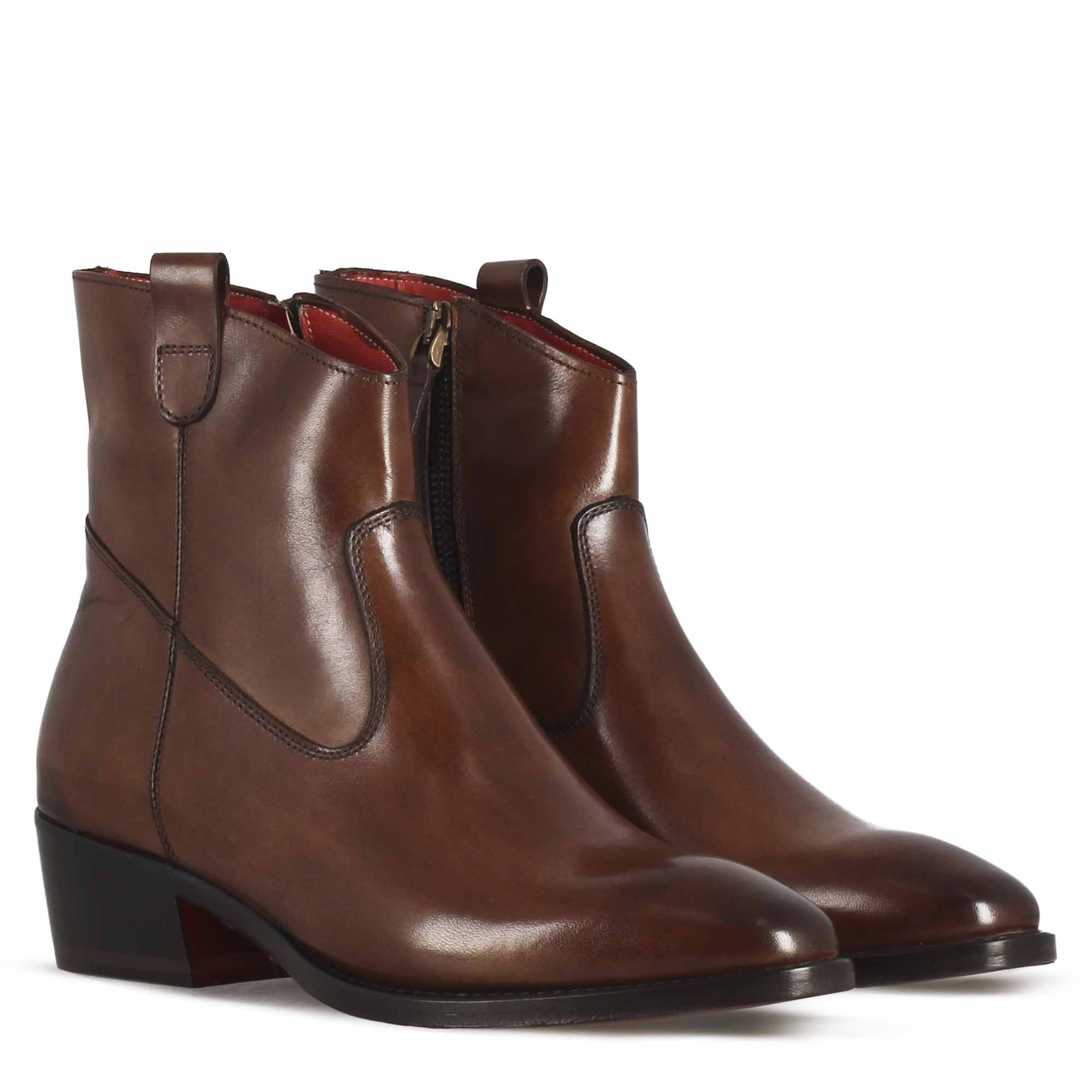Women's Brown Leather Texan Style Over The Ankle Boot