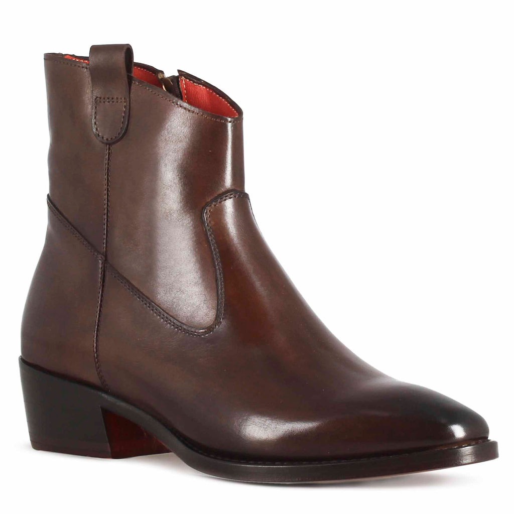 Women's Dark Brown Leather Texan Style Over The Ankle Boot