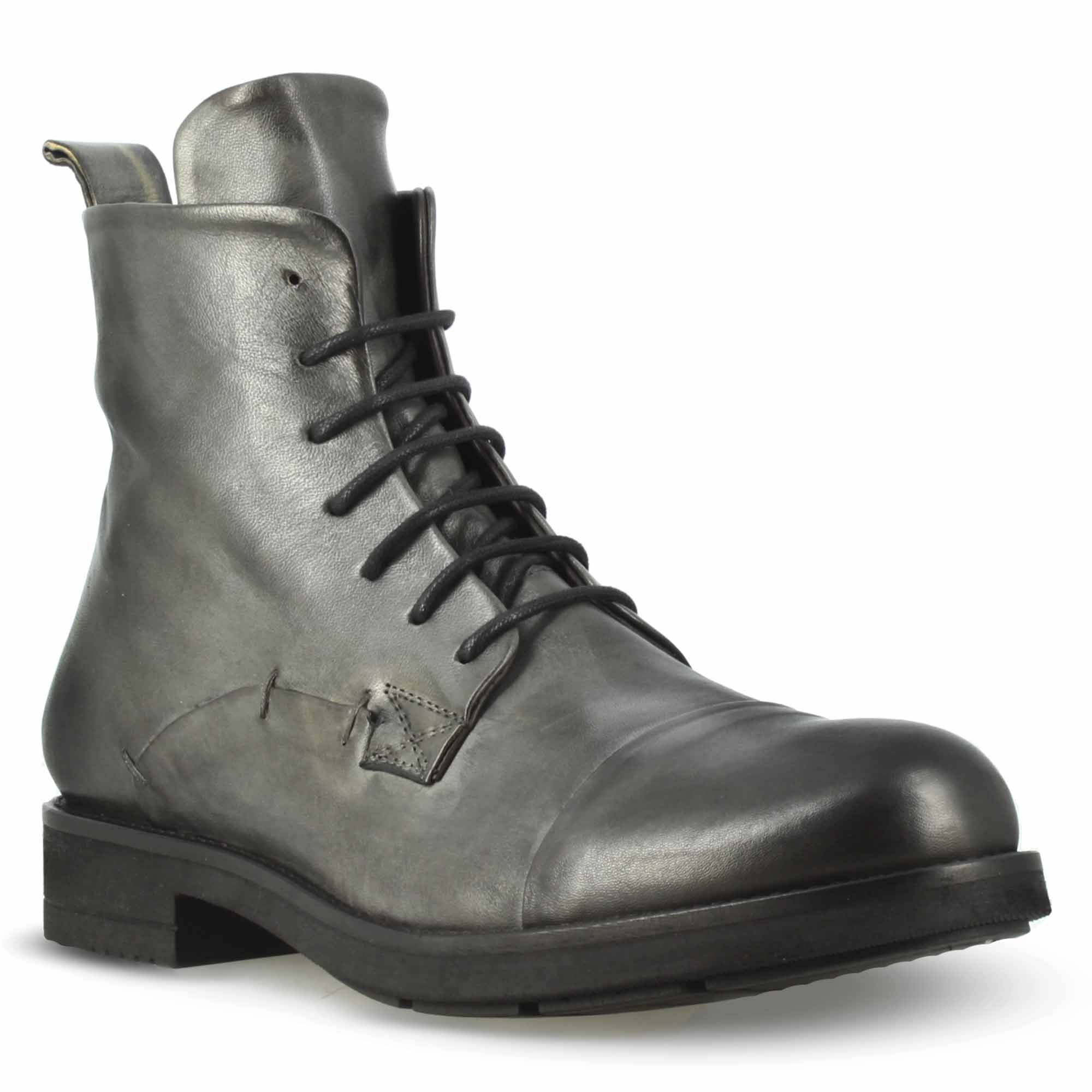 Men's vintage leather ankle boot in grey with laces