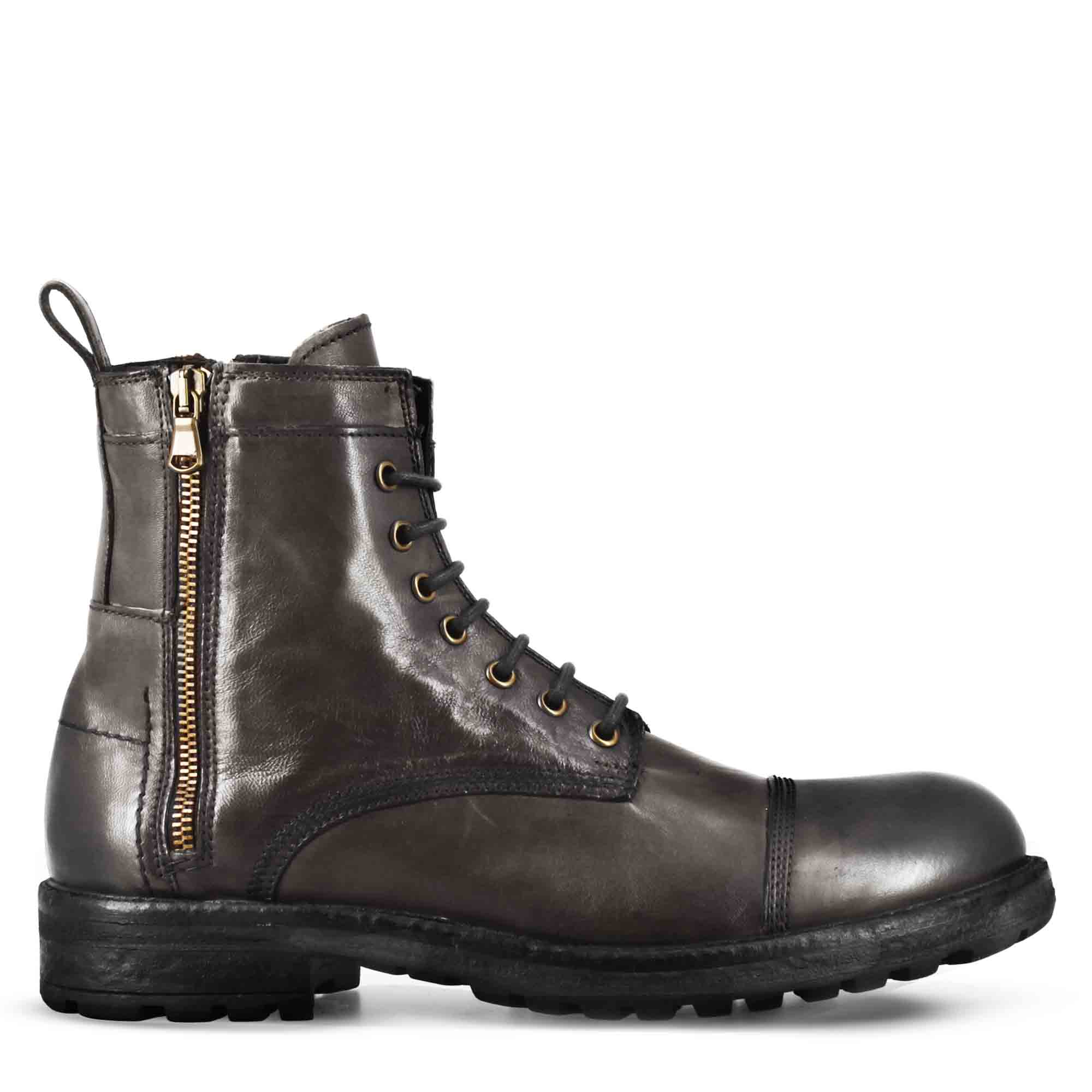 Grey leather amphibian with laces and zip