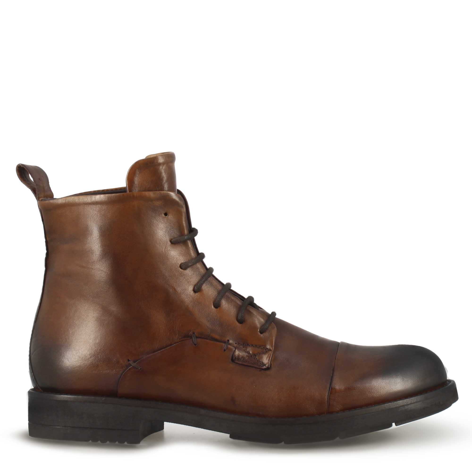 Men's vintage brown leather lace-up ankle boot