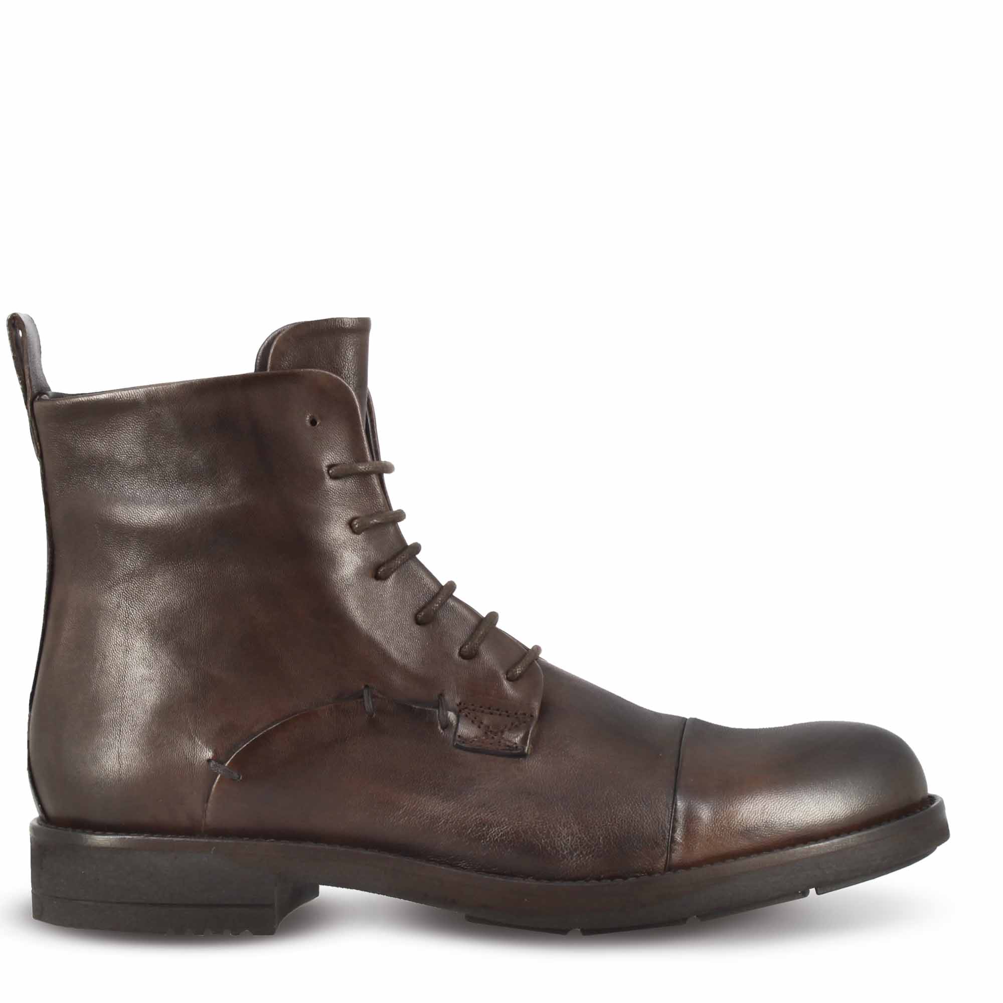 Dark brown men's vintage leather ankle boot with laces