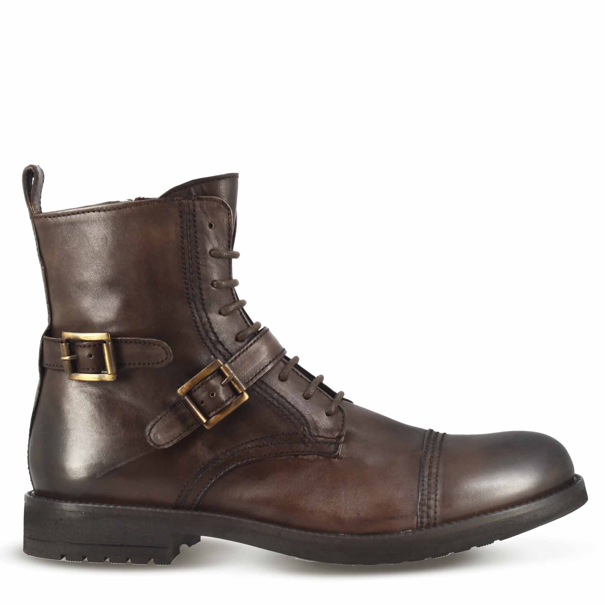 Dark brown leather ankle buckle amphibian with rubber sole