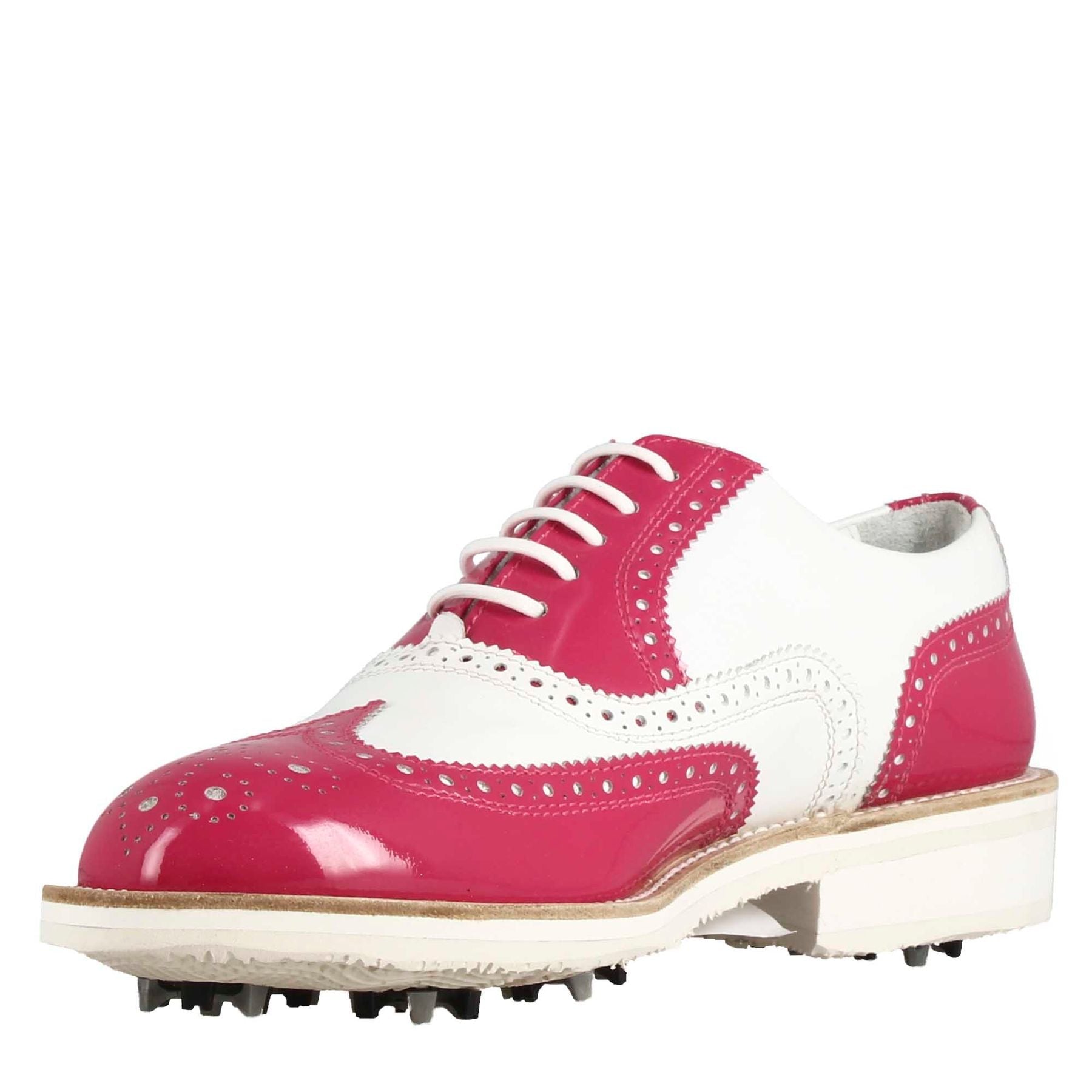 Handgefertigte Damen-Golfschuhe aus glänzendem weiß-rosa Leder