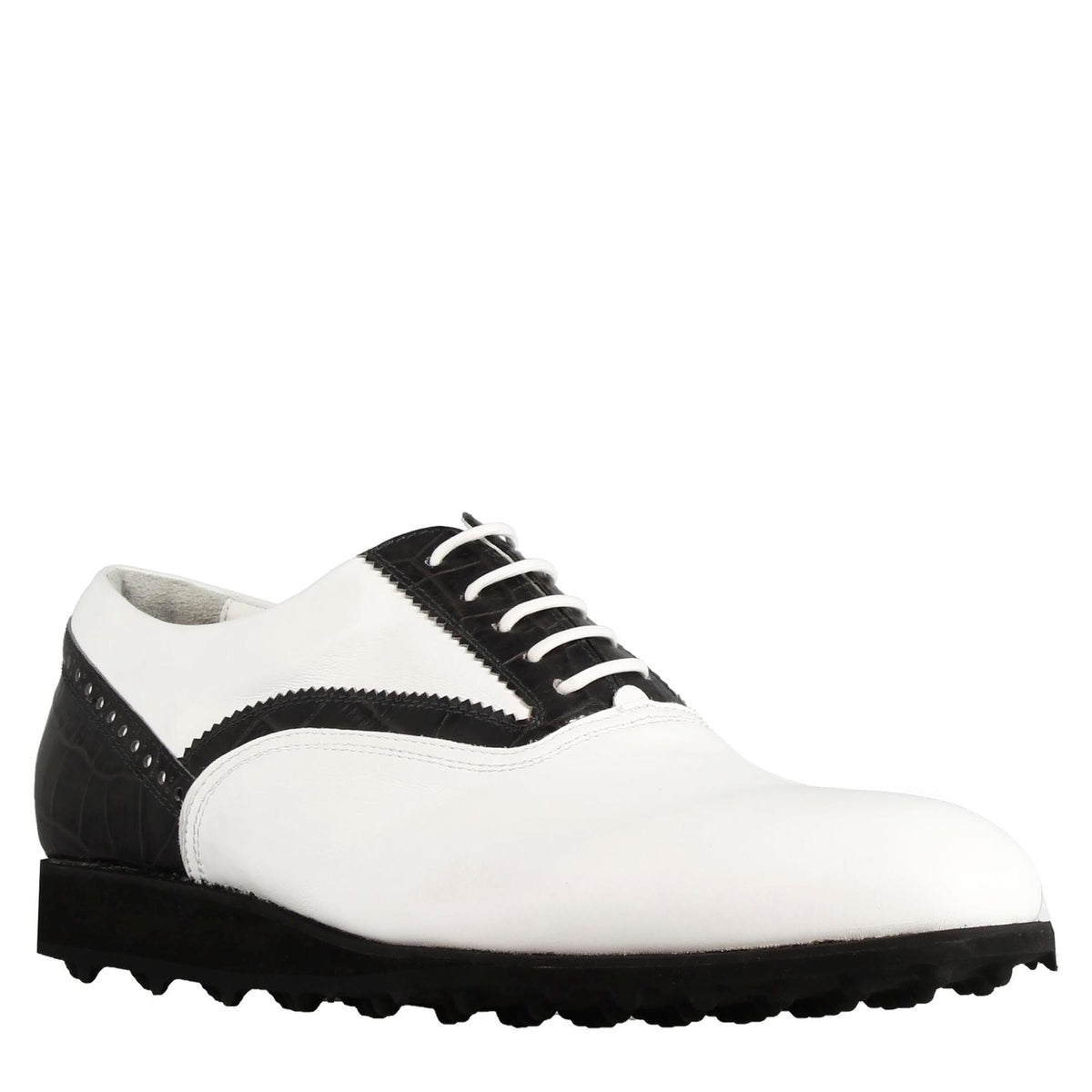 Chaussure de golf pour femme faite à la main en cuir blanc avec détails noirs