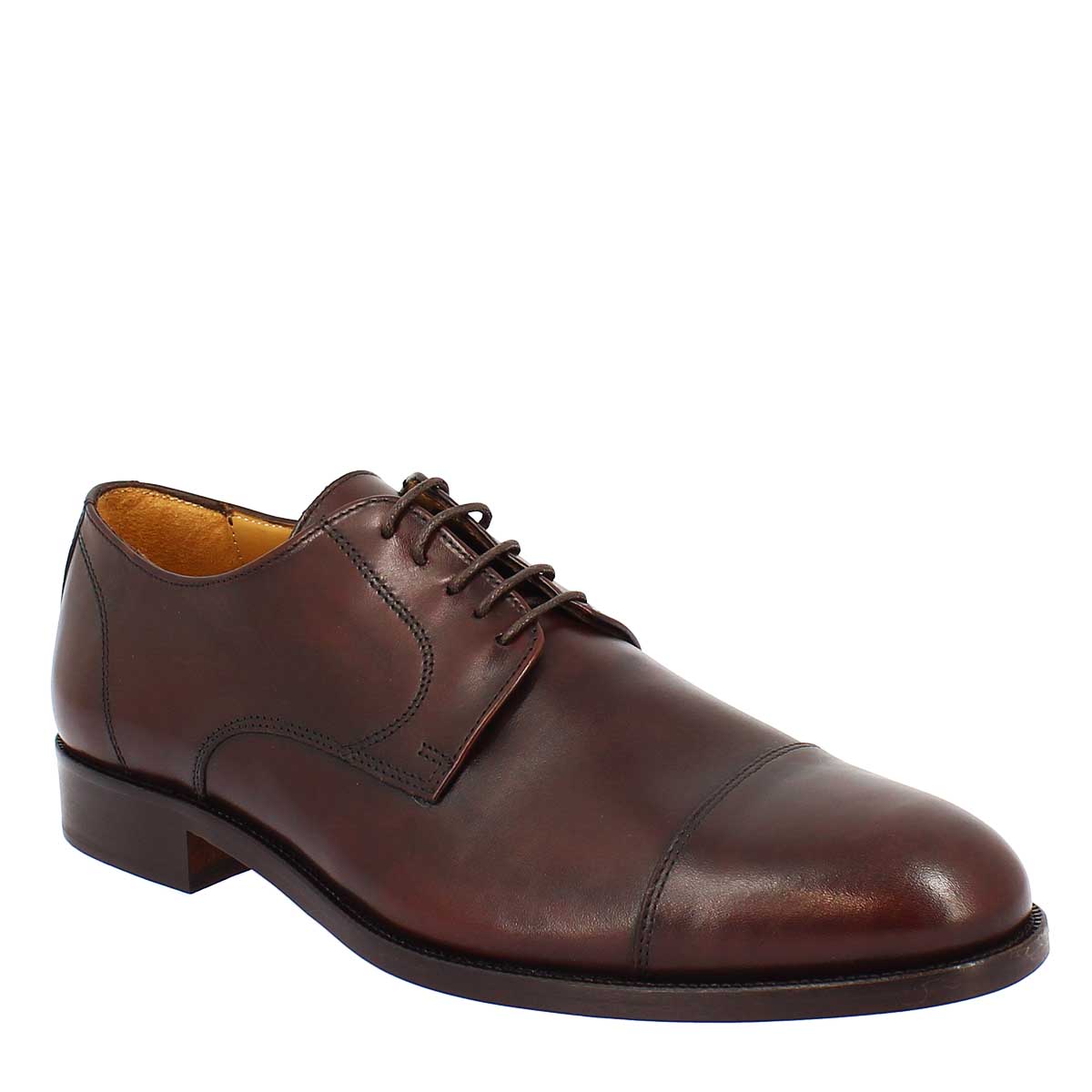 Men's dark brown derby lace-up shoe in genuine leather with toe cap 