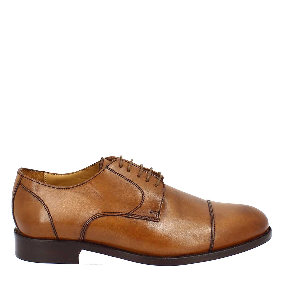 Men's brown derby lace-up shoe in genuine leather with toe cap 