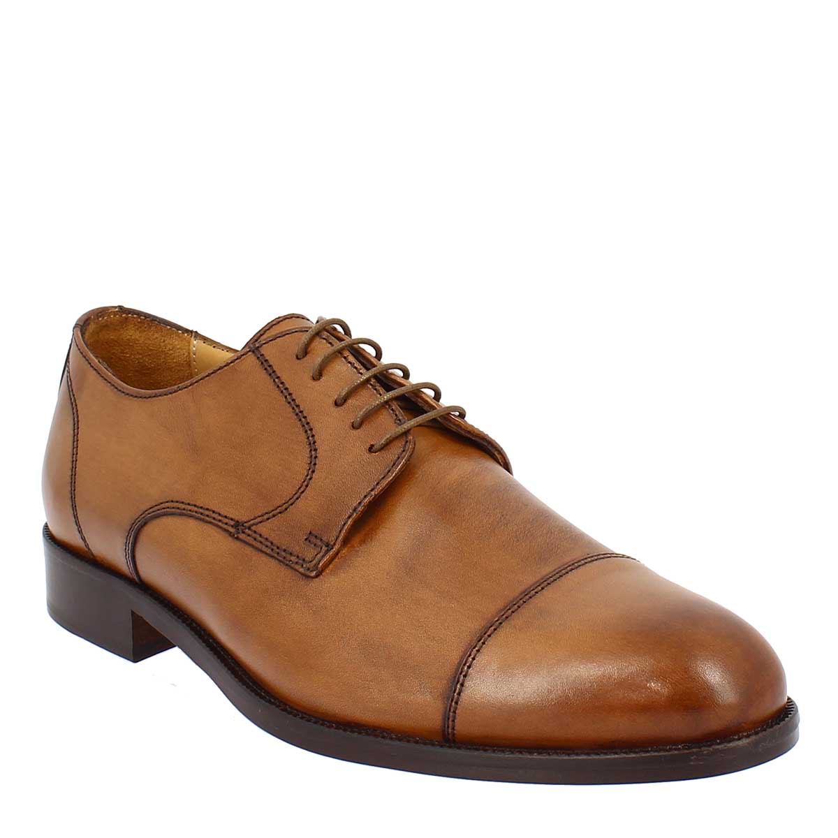 Men's brown derby lace-up shoe in genuine leather with toe cap 