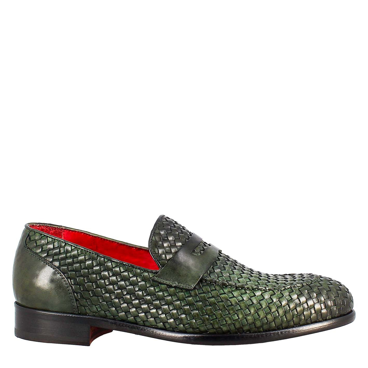 Elegant men's green moccasin in woven grain leather