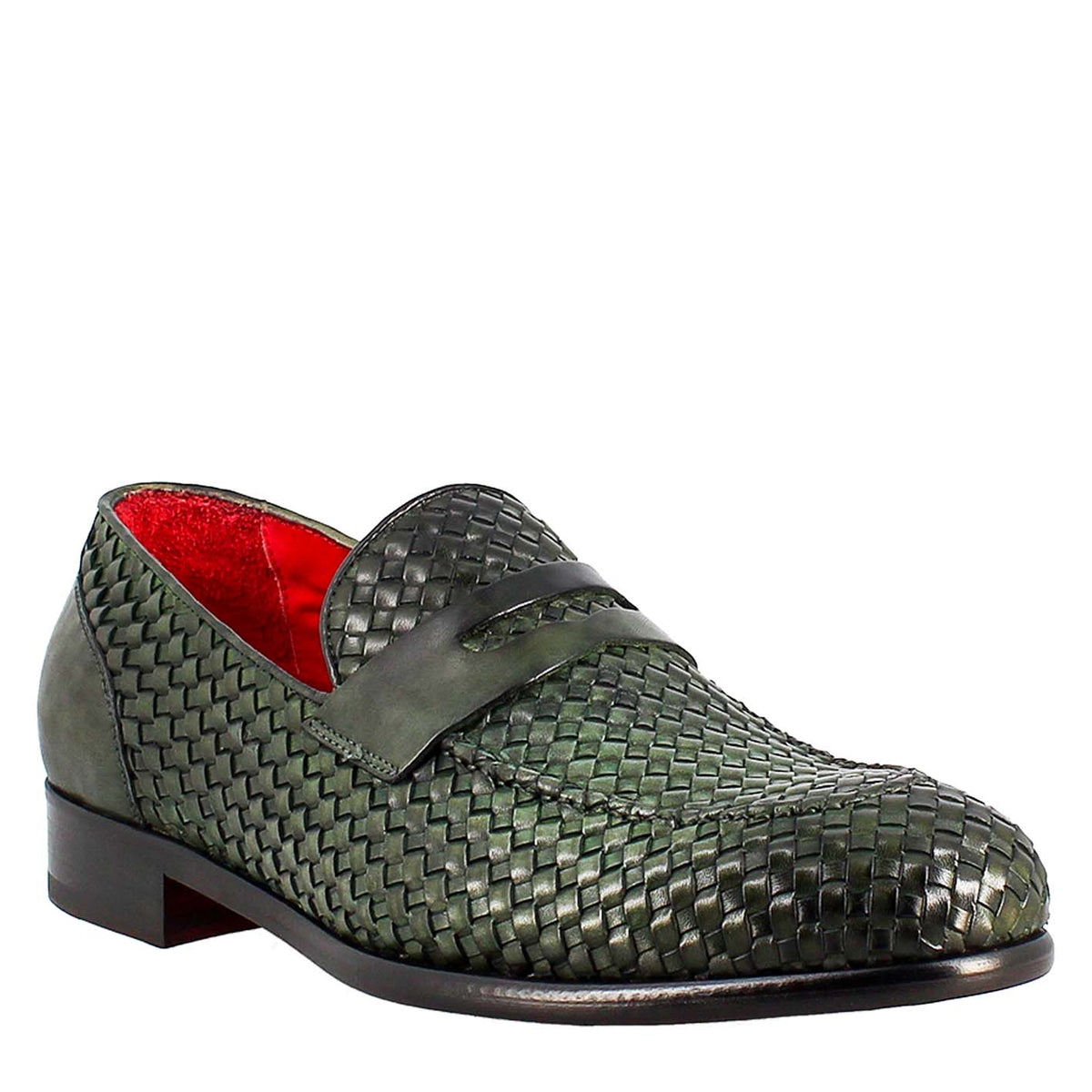 Elegant men's green moccasin in woven grain leather