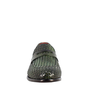 Elegant men's green moccasin in woven grain leather