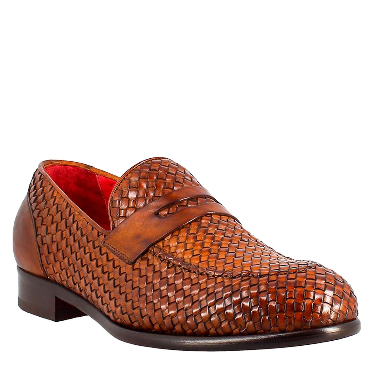 Elegant men's brown moccasin in woven grain leather