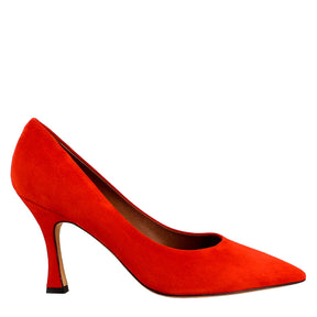 Woman's décolleté in pointy red suede leather 