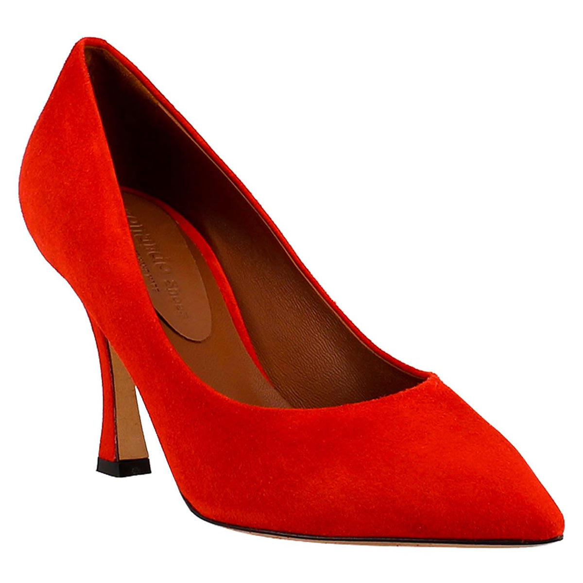 Woman's décolleté in pointy red suede leather 
