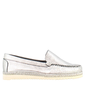 Women's handmade round toe loafers in silver leather 