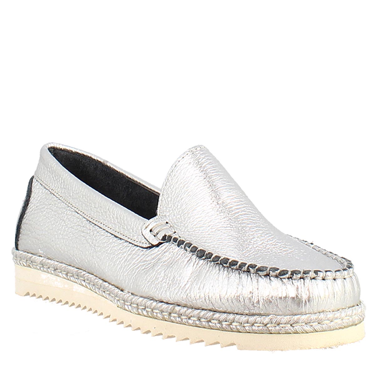 Women's handmade round toe loafers in silver leather 
