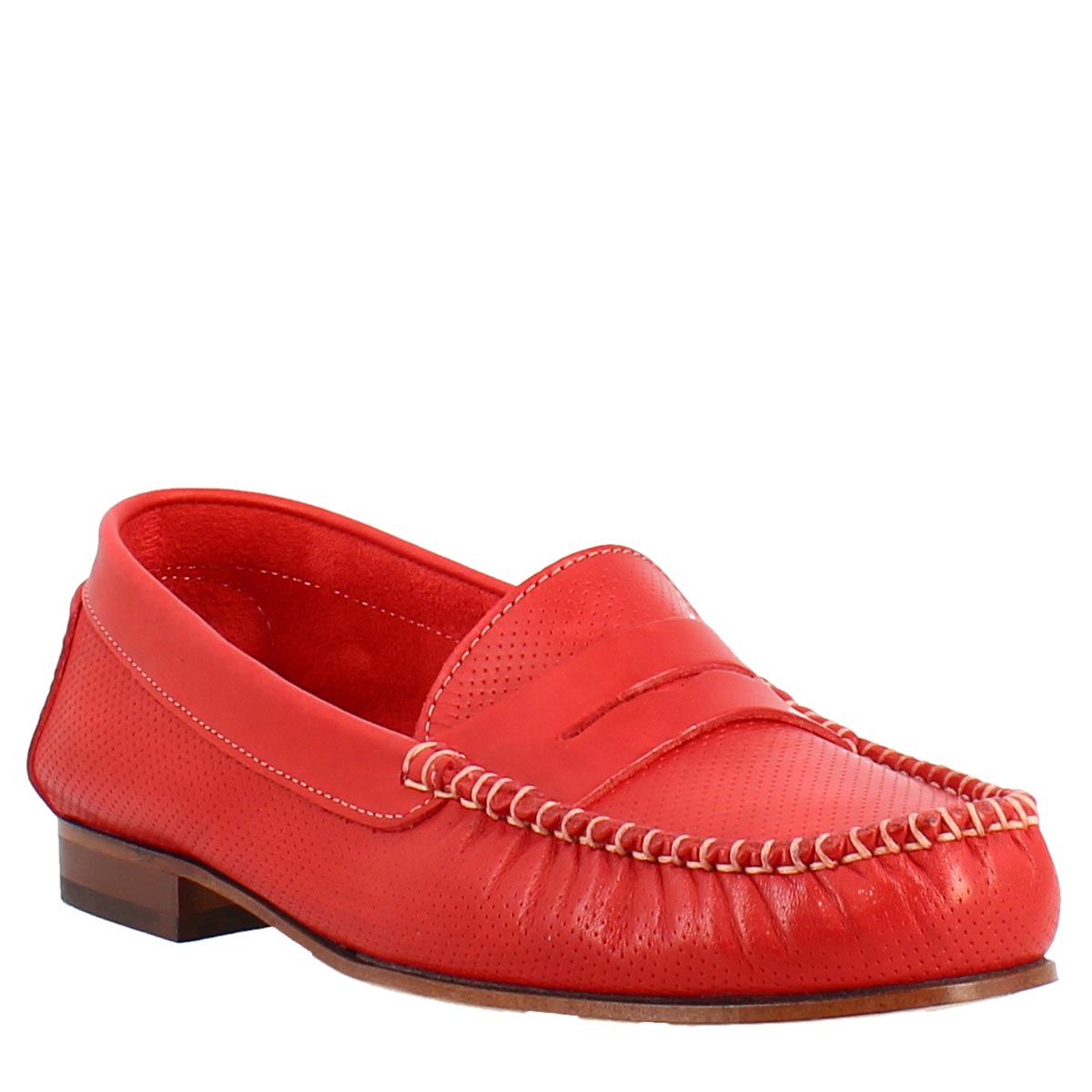 Handmade college loafers for women in red perforated leather 