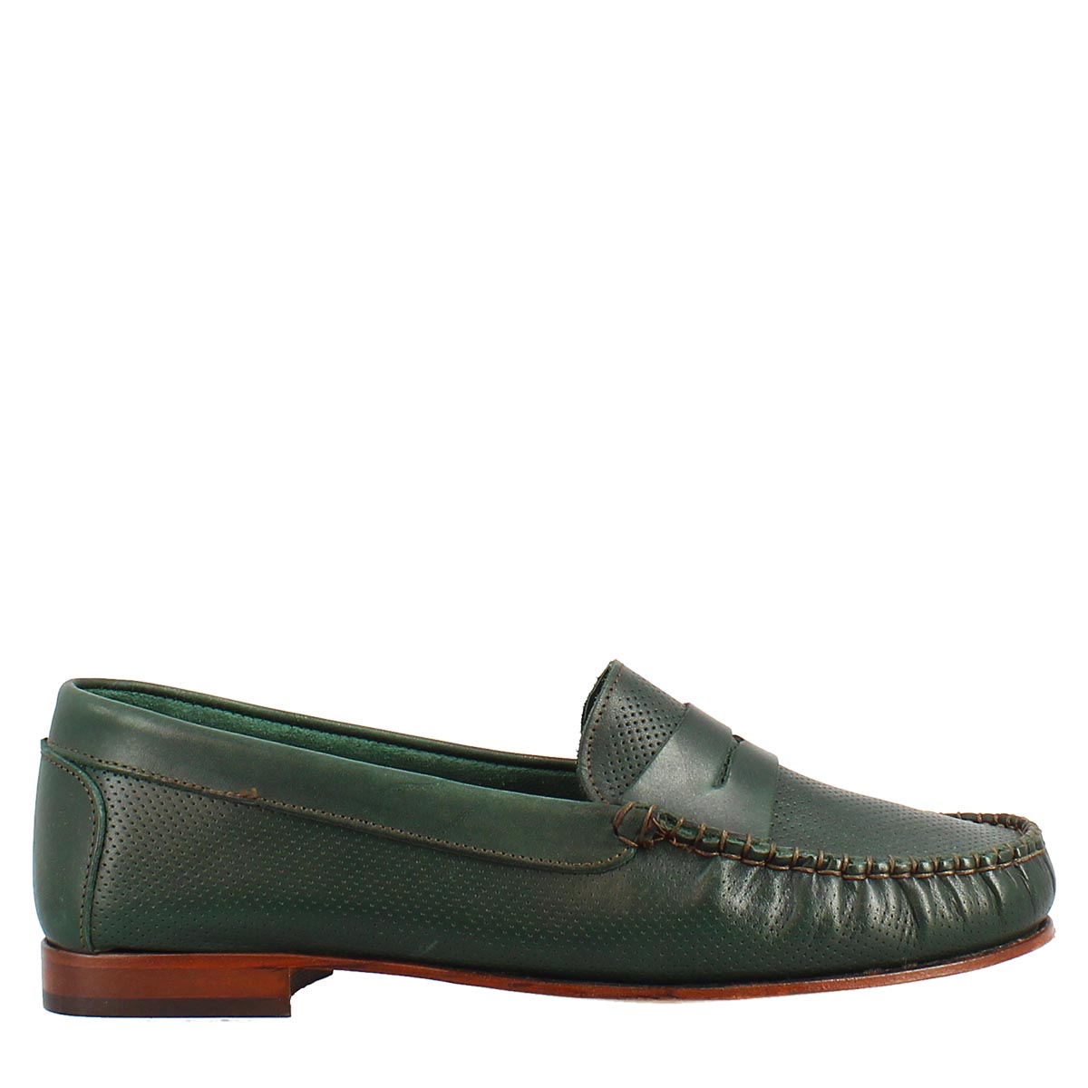Handmade college loafers for women in green perforated leather